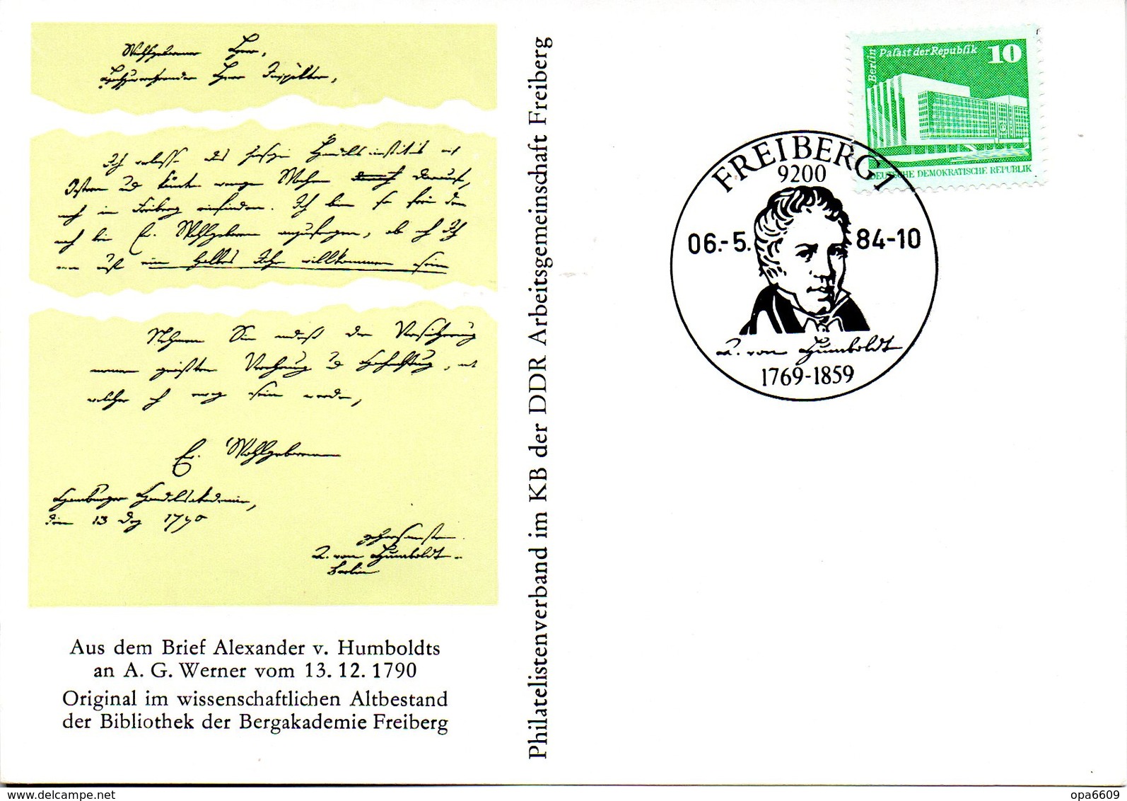 (DDR-B2) DDR Sonderkarte "Alexander Vom Humboldt", EF Mi 2484, SSt. 6.5.1984 FREIBERG 1 - Lettres & Documents