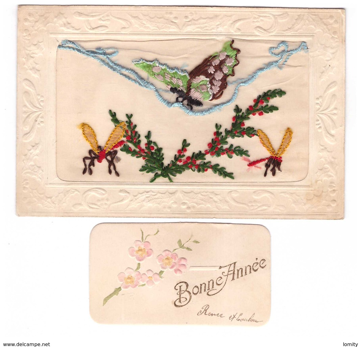 Cpa Carte Fantaisie Brodée Broderie Avec Rabat Papillon Abeille Libellule + Cartelette Bonne Année - Brodées