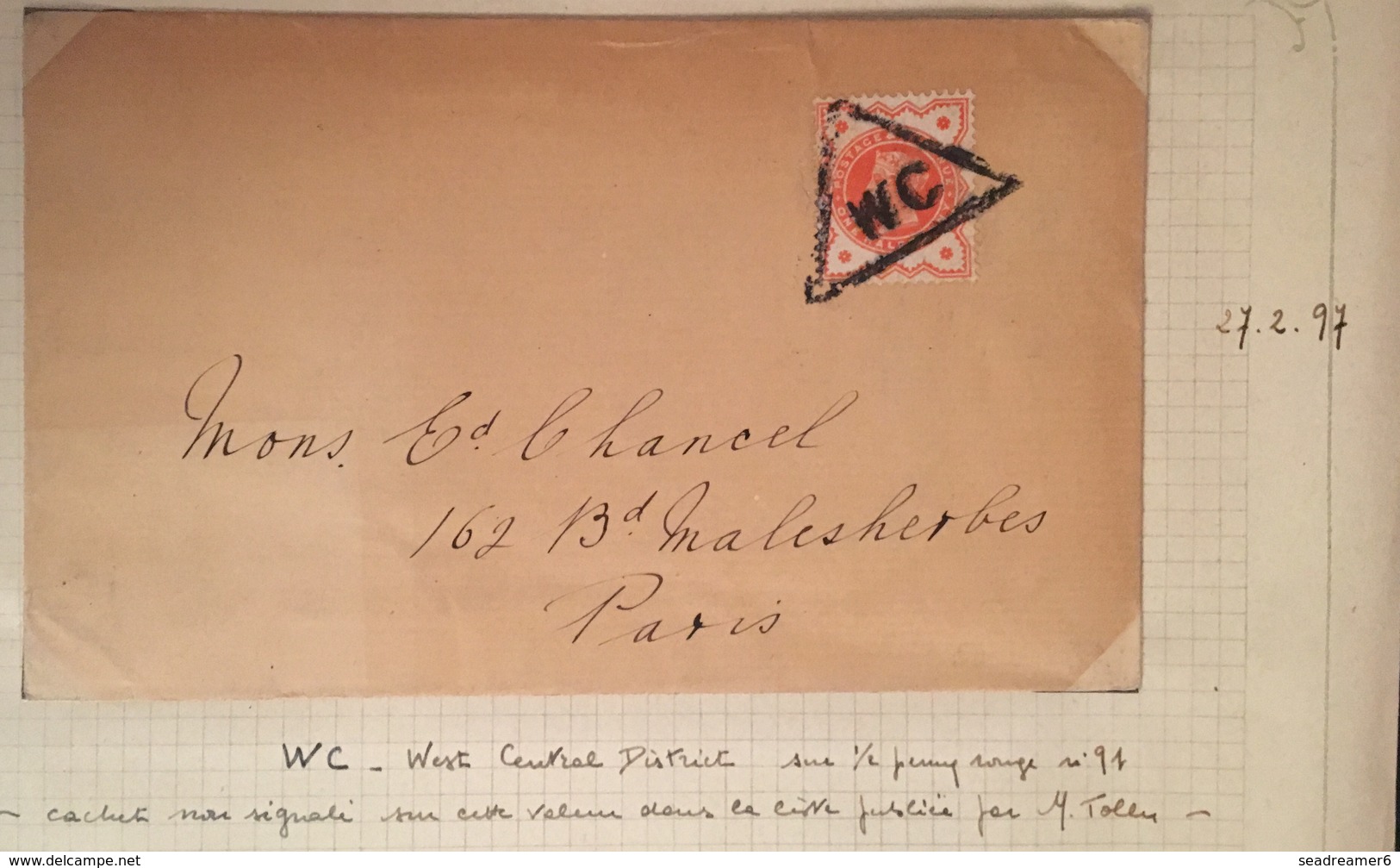 Grande Bretagne N°91 Sur Lettre Oblitérée Du Cachet Triangulaire  WC (West Central) Du  27/2/1897 Non Signalé - Storia Postale