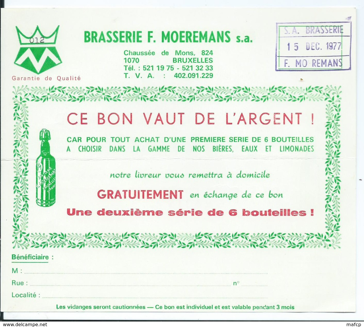 BRASSERIE MOEREMANS CHAUSSEE DE MONS 824 1070 BRUXELLES - 1950 - ...