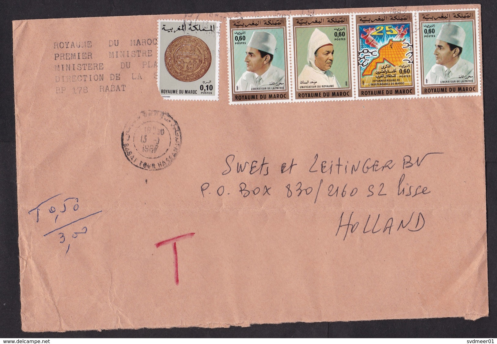 Morocco: Cover To Netherlands, 1987, 5 Stamps, Strip, Independence, King, Postage Due, Taxed (left Stamp Damaged, Fold) - Marokko (1956-...)