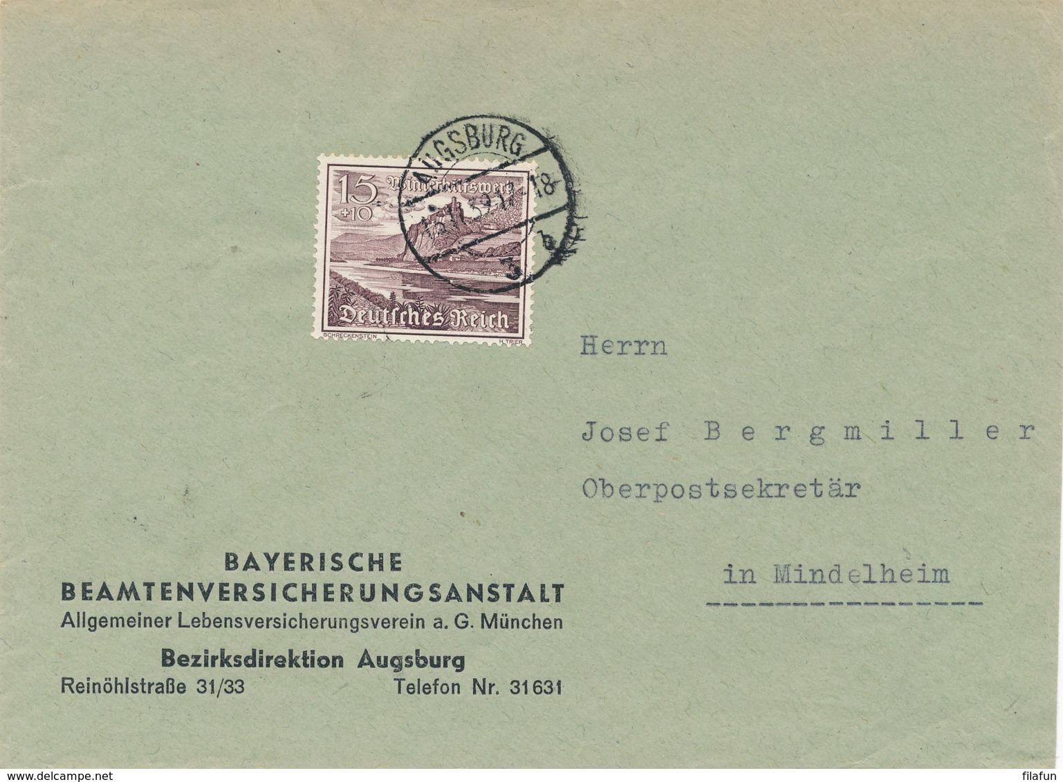 Deutsches Reich - 1939 - 15Pf Winterhilfswerk On Commercial Cover From Ausgburg To Mindelheim - Briefe U. Dokumente