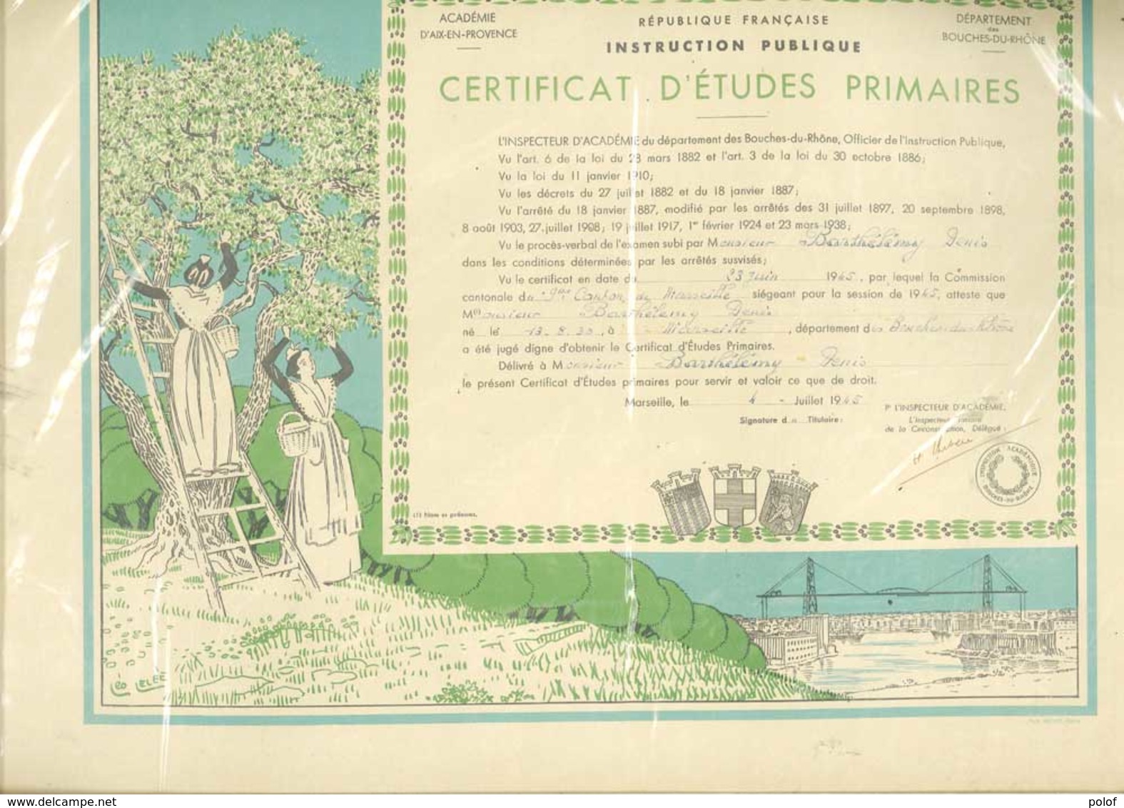 Certificat D' Etudes Primaires - Bouches Du Rhone - Illustration De Léo Lelée (Coeillette Des Olives  (GF 93) - Diplômes & Bulletins Scolaires