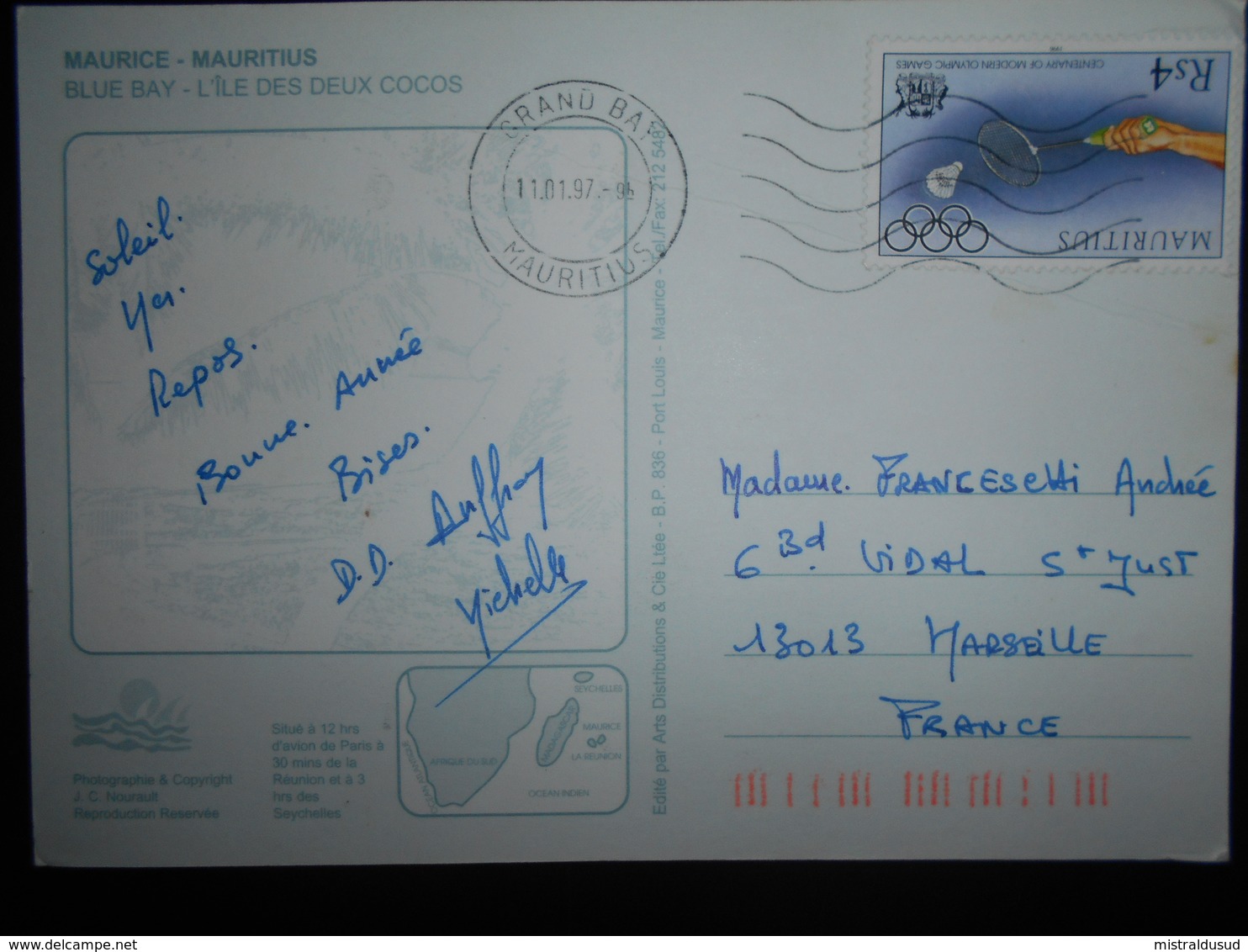 Maurice , Lettre De Grand Bay 1997 Pour Marseille - Maurice (1968-...)