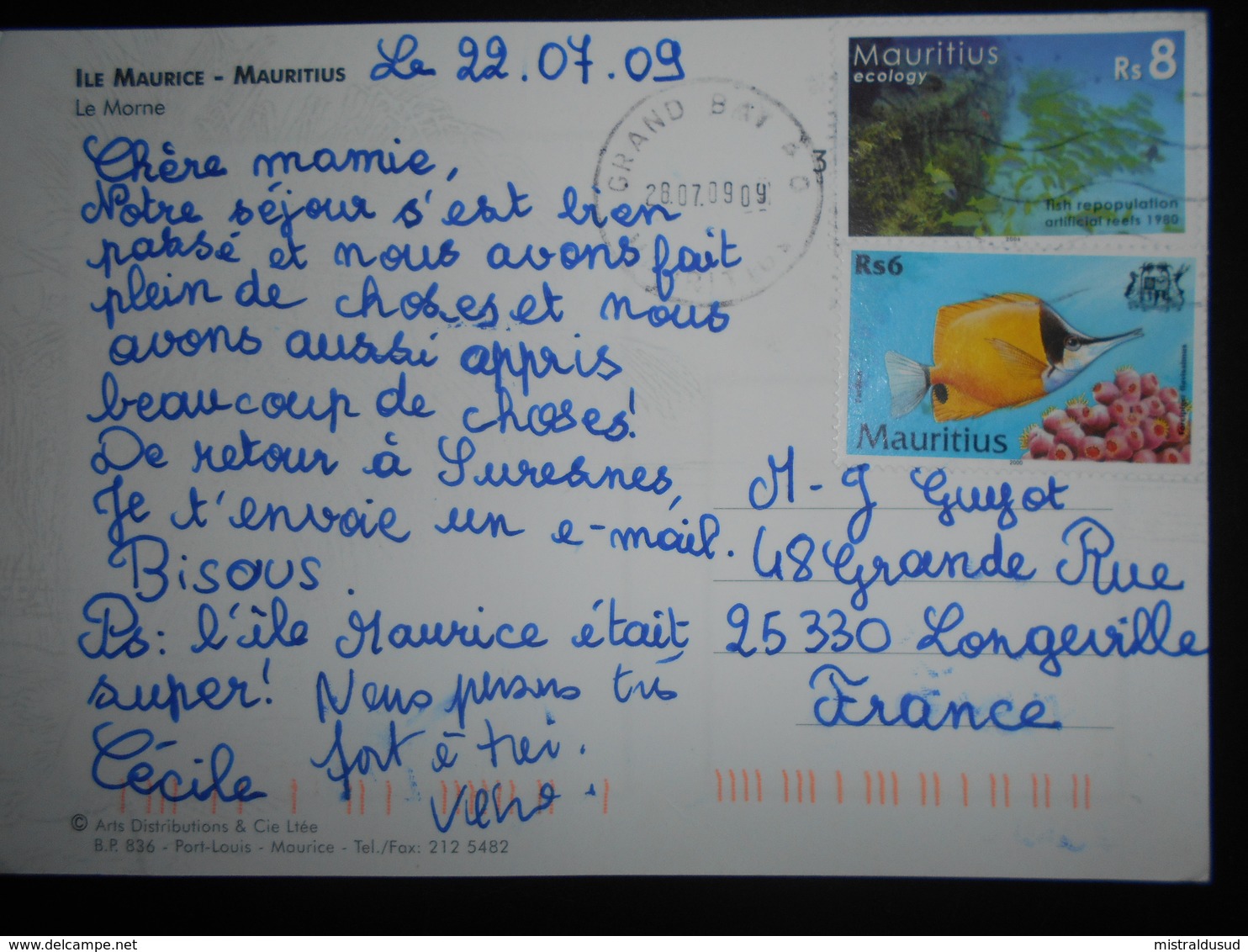 Maurice , Lettre De Grand Bay 2009 Pour Longeville - Mauricio (1968-...)