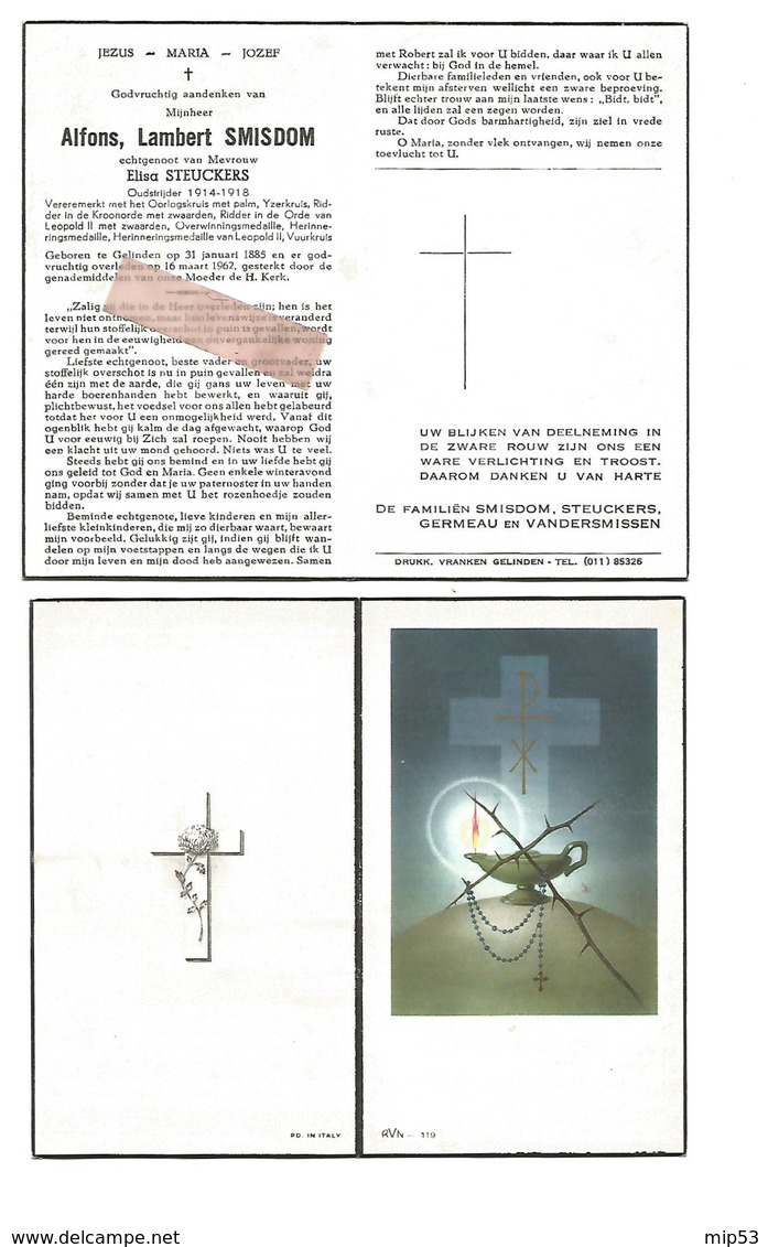D 608. ALFONS SMISDOM - Oudstrijder 1914/18-Oorlogskruis Met Palm- Yzerkruis....- GELINDEN 1885 / 1962 - Images Religieuses