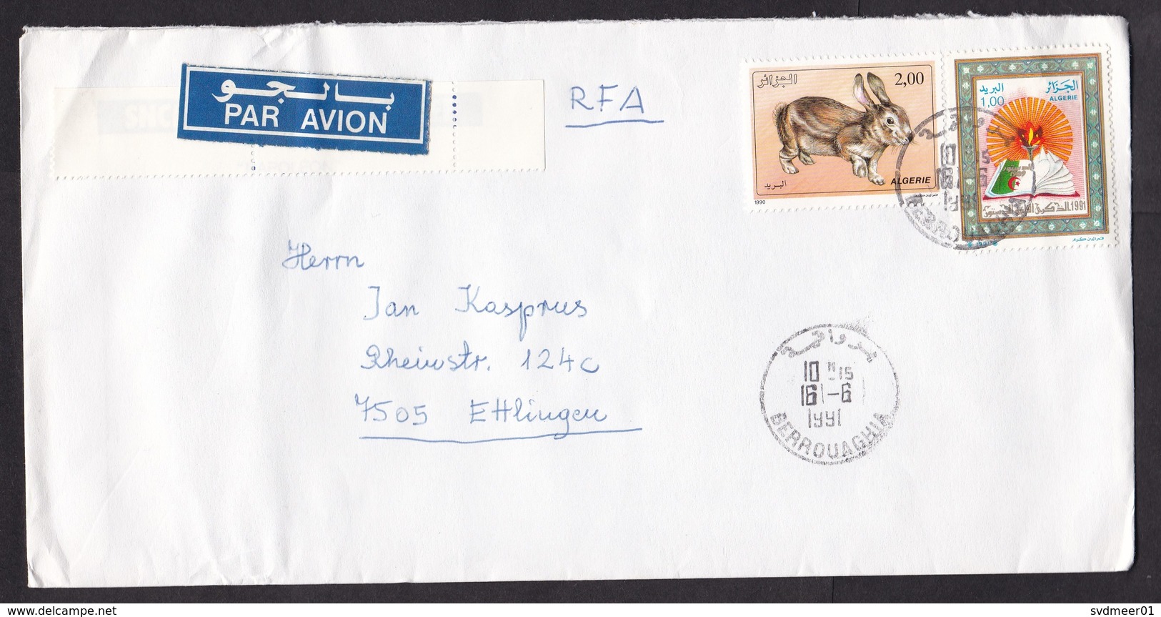 Algeria: Airmail Cover To Germany, 1991, 2 Stamps, Rabbit, Animal, Book, Air Label (minor Crease) - Algerije (1962-...)