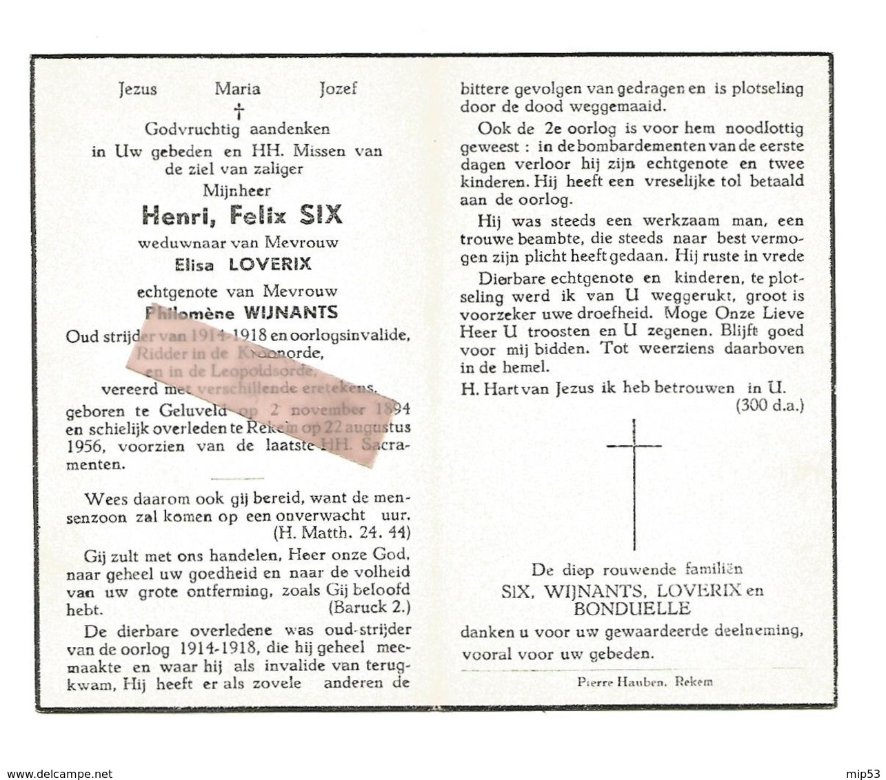 D 613. HENRI SIX - Oudstrijder 14/18 En Oorlogsinvalide - Ridder Kroonorde En Leopoldsorde -°GELUVELD 1894 / +REKEM 1956 - Images Religieuses