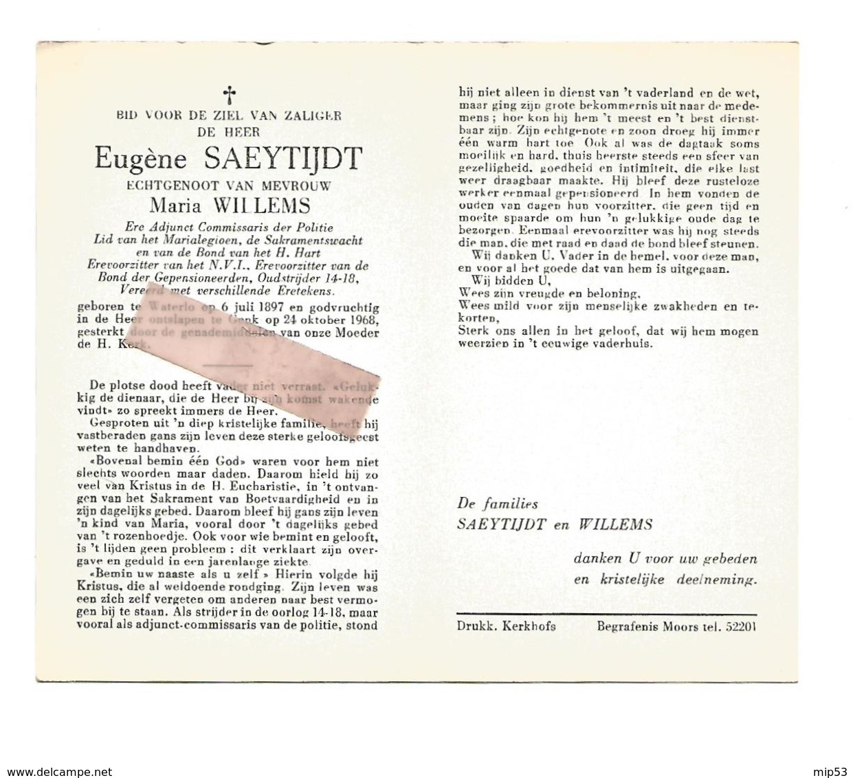 D 614.EUGENE SAEYTIJDT-Adjunct Commissaris Politie /Marialegioen/Sacramentwacht/Oudstrijder 14/18-°WATERLO 1897/+GENK'68 - Images Religieuses