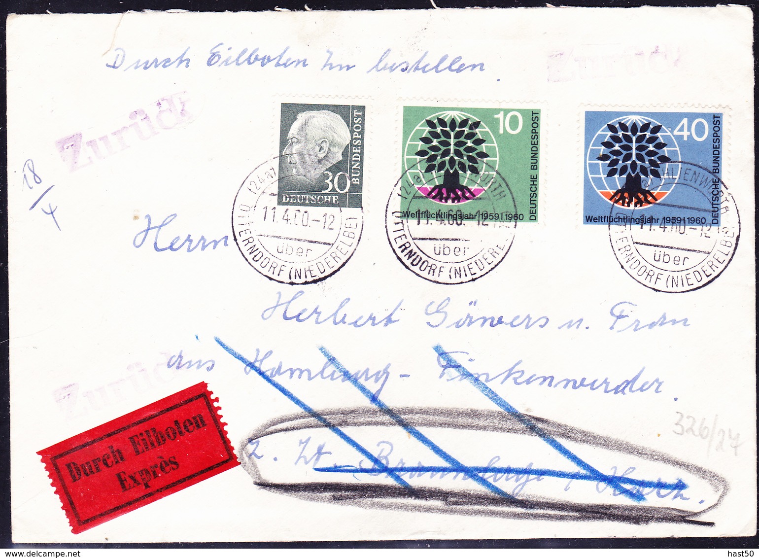 BRD FGR RFA - Eilbrief Von Ihlienworth Nach Braunlage Vom 11.4.60 Mit (MiNr: 326/7 + 259x) Sehr Interessant - Briefe U. Dokumente