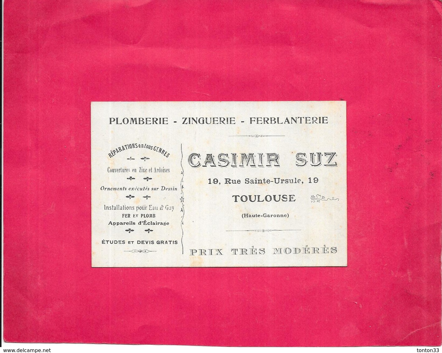 TOULOUSE - 31 -   Carte PUB  PLOMBERIE ZINGUERIE CASIMIR SUZ  - DELC8 - - Autres & Non Classés