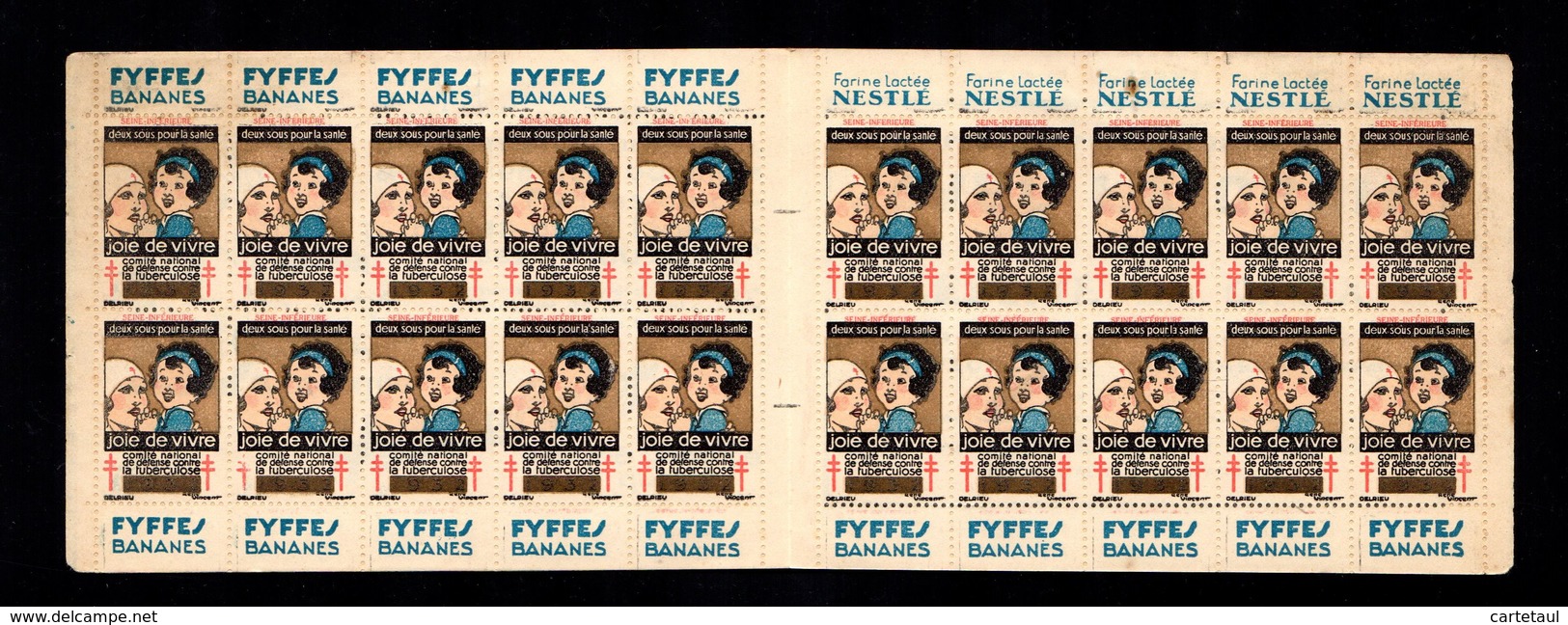 Carnet Complet 20 Timbres Contre La Tuberculose Joie De Vivre 1932 NESTLE FYFFES BANANES   Timbres Collés   3 Scan - Erinnophilie