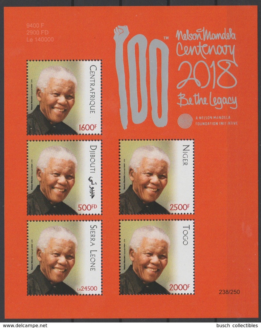Djibouti Central Africa Togo Sierra Leone Niger 2018 PAN African Postal Union Nelson Mandela Madiba 100 Years Red - Central African Republic