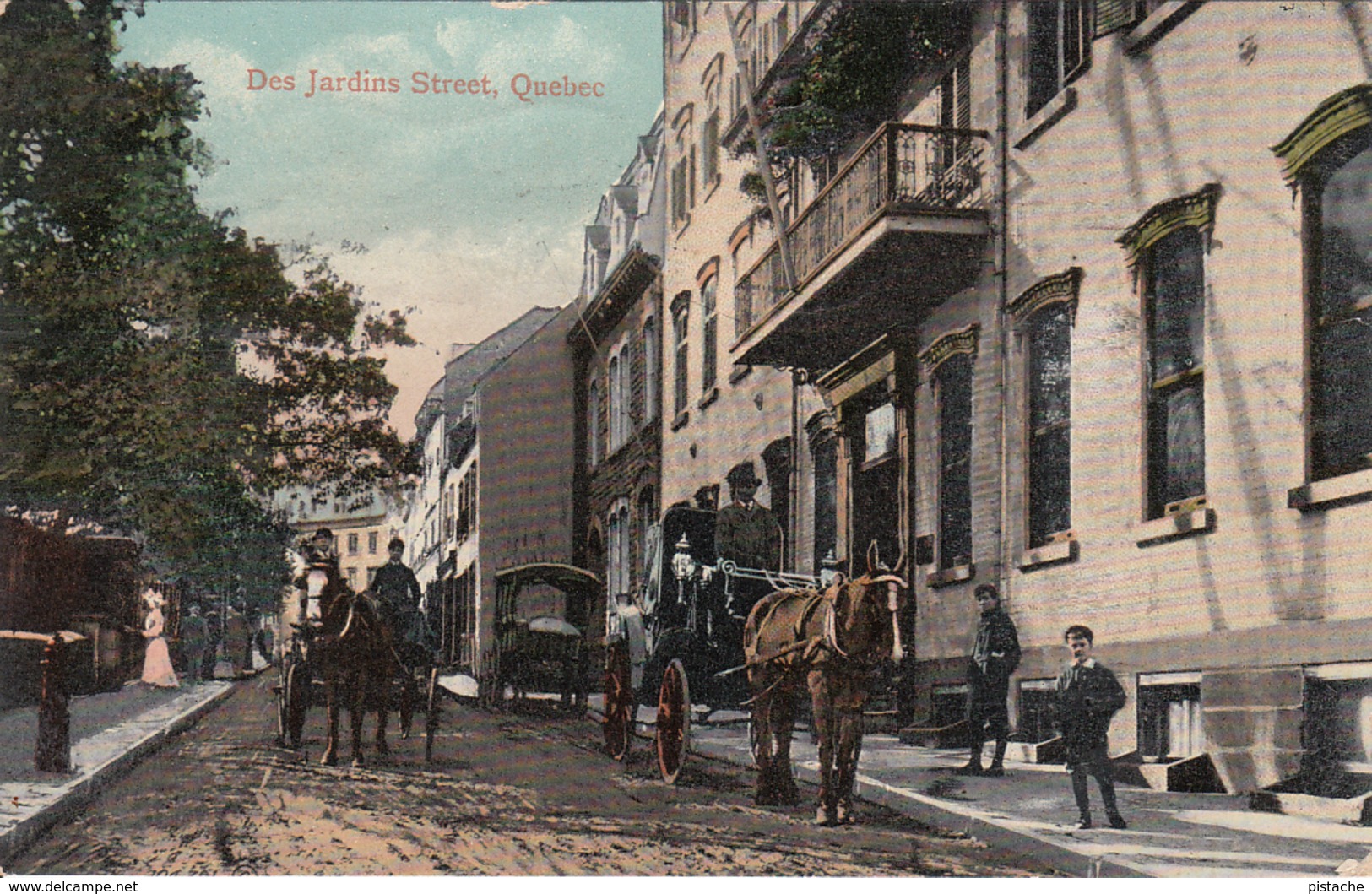 Vintage 1909 - Québec City - Rue Des Jardins Street - Animated - Horses - Stamp & Postmark - 2 Scans - Québec - La Cité