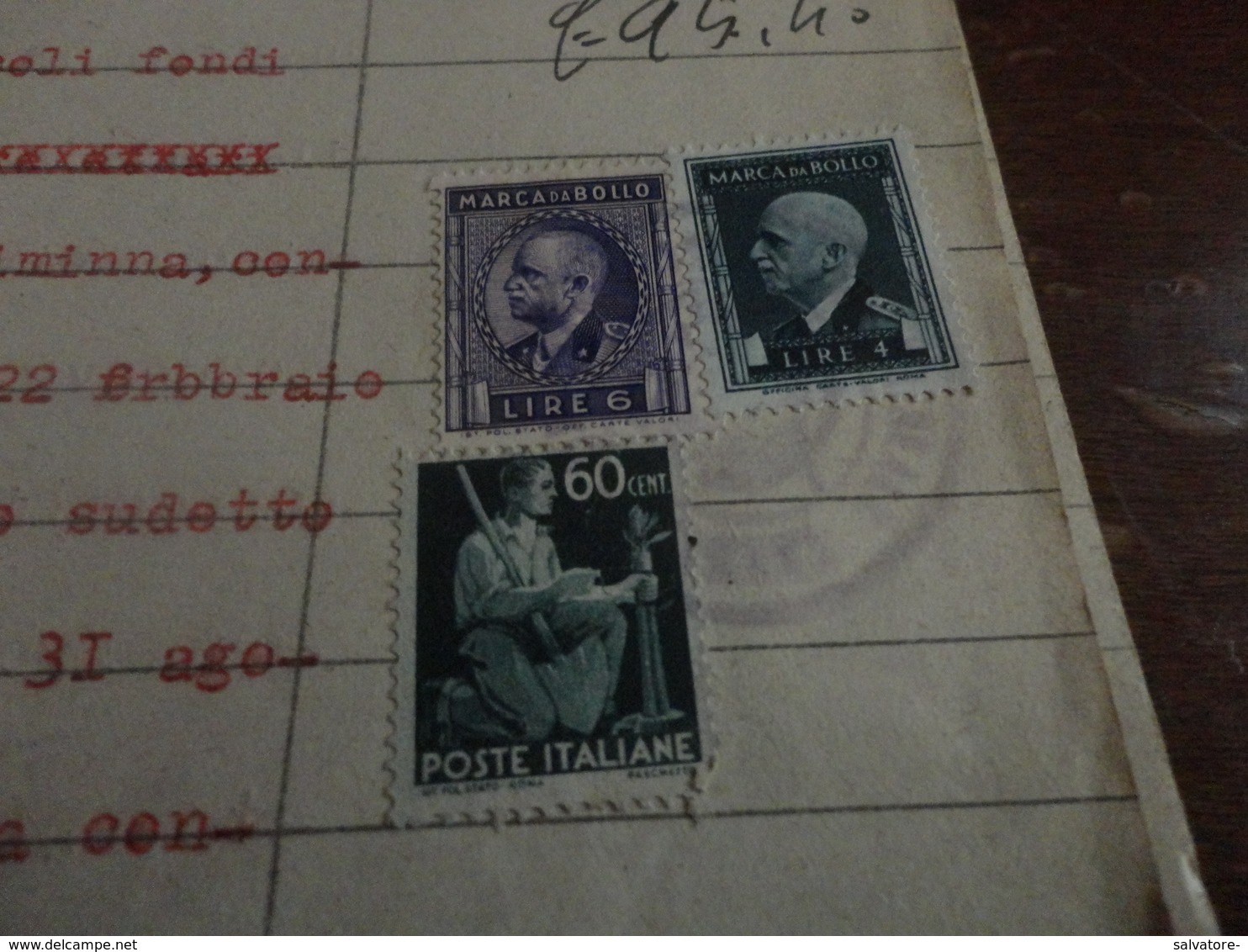 1 FRANCOBOLLO  DA 60 CENTESIMI USATO COME FISCALE SU DOCUMENTO+6 MARCHE DA BOLLO- - Revenue Stamps