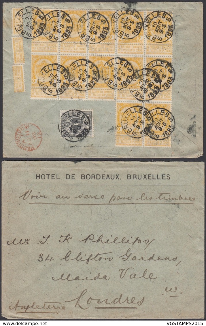 BELGIQUE COB 43+54 X12 AFFRANC 25c SUR LETTRE  DE BRUXELLES VERS LONDRES (DD) DC-2026 - 1893-1900 Fine Barbe