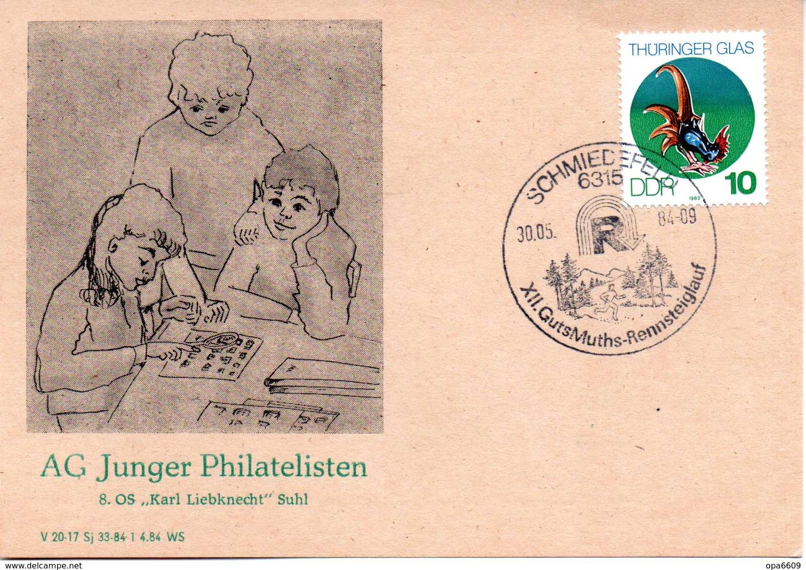 (DDR-B2) DDR Sonderkarte "AG Junger Philatelisten 8.OS "Karl-Liebknecht" Suhl", EF Mi 2835, SSt. 30.5.1984 SCHMIEDEFELD - Lettres & Documents