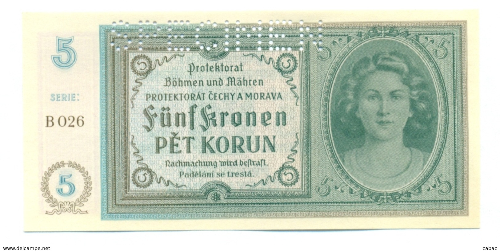 Funf Kronen, Pet Korun, 5 Korun, PROTEKTORAT, 1940, SPECIMEN, Čechya Morava, B 026, Bohemia Moravia - Tchécoslovaquie