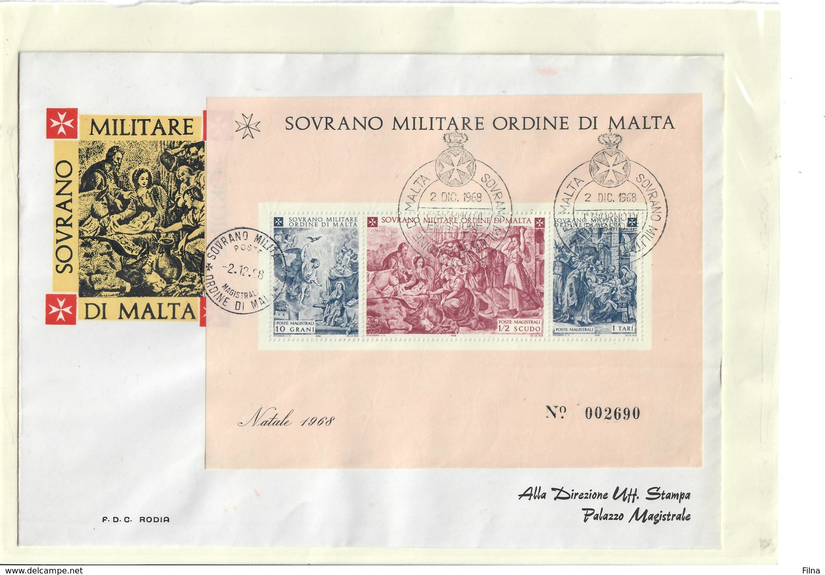 SOVRANO MILITARE ORDINE DI MALTA S.M.O.M. 1968 - NATALE FOGLIETTO SU FDC - TIRATURA 50.000 PEZZI - Sovrano Militare Ordine Di Malta