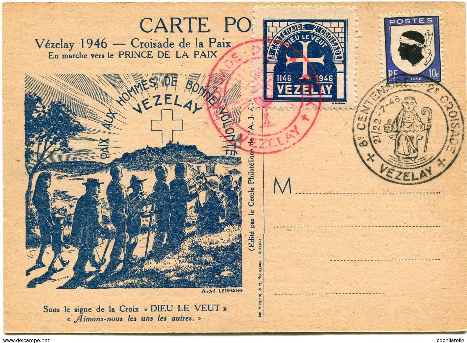 FRANCE CARTE POSTALE ILLUSTREE AVEC VIGNETTE "8e CENTENAIRE 2e CROISADE DIEU LE VEUT 1146  -  1946 VEZELAY" ........... - 1941-66 Escudos Y Blasones