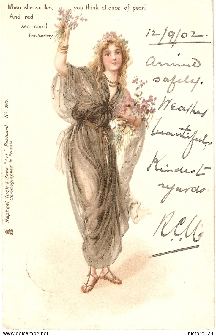"Pretty Lady Offering Flowers. When She Smiles..." Tuck Art Series Postcard # 3575 - Tuck, Raphael