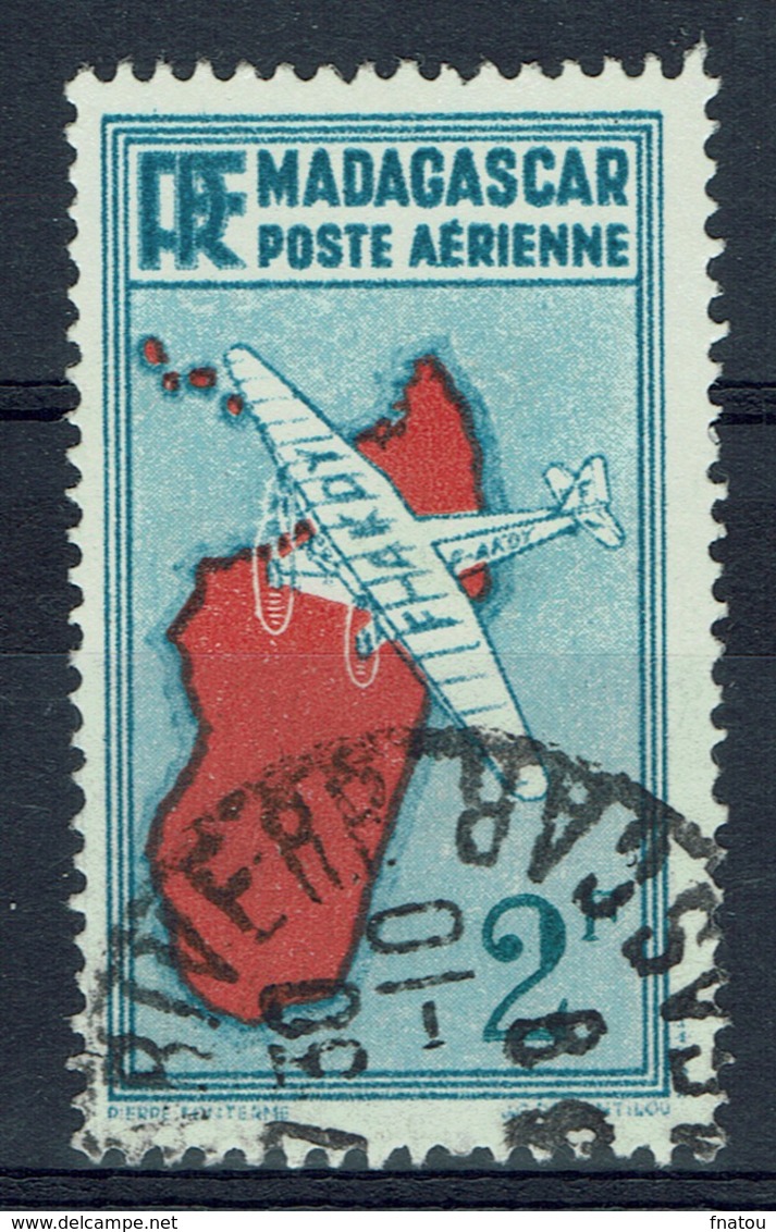 Madagascar (French Colony), Map Of The Island, 2f., 1935, VFU  Airmail - Posta Aerea