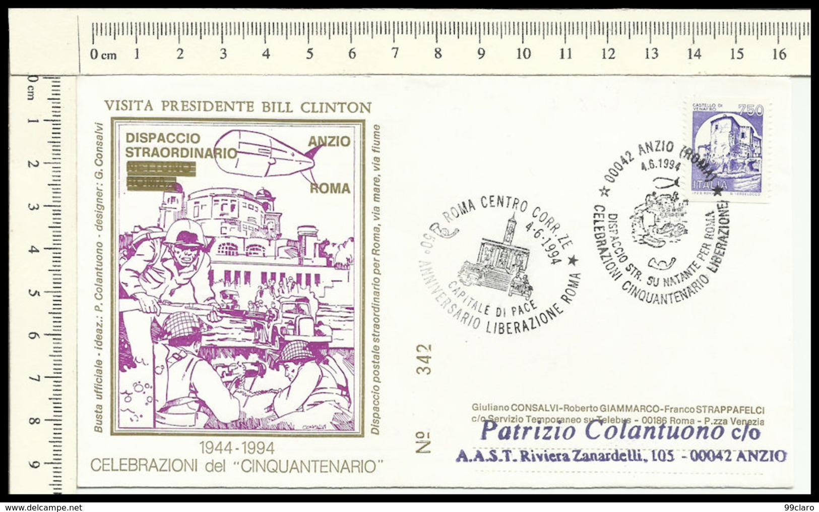 FD42 ANZIO ROMA 50 ANNI LIBERAZIONE VISITA PRESIDENTE BILL CLINTON  FDC PRIVATA 1994 A - FDC