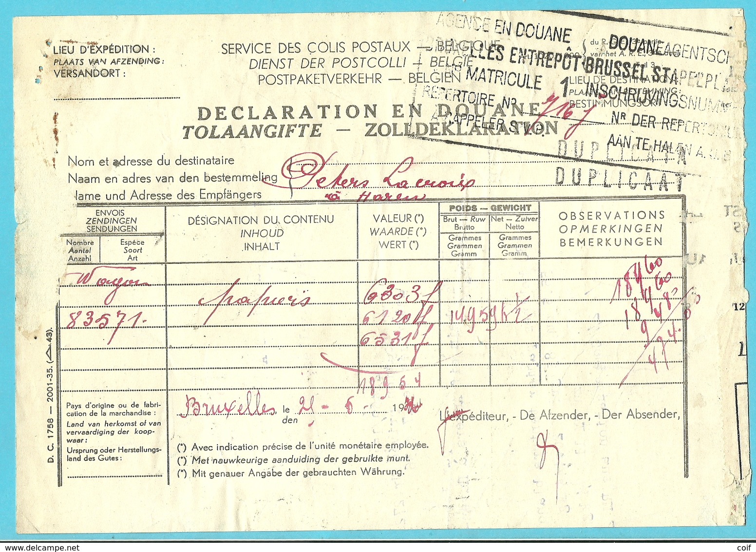 Fiscale Zegels 100 Fr+70 Fr.TP Fiscaux / Op Dokument DECLARATION EN DOUANE/ TOLAANGIFTE 1936 - Documents