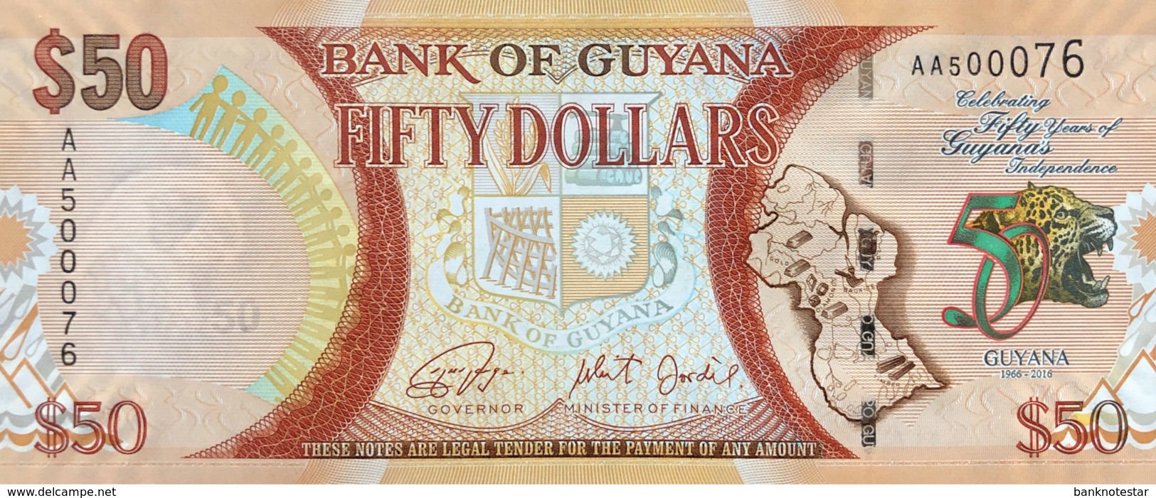 Guyana 50 Dollars, P-41 (2016) - UNC - 50 Years Independence Banknote - Guyana