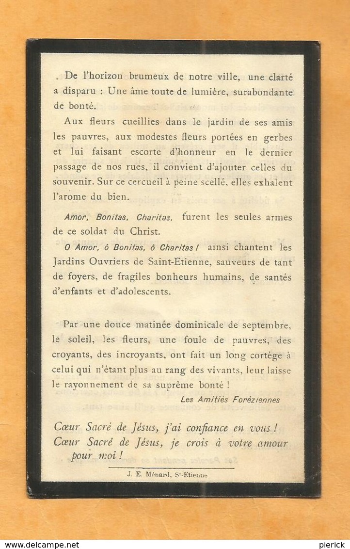 IMAGE GENEALOGIE FAIRE PART AVIS DECES  REVEREND FELIX VOLPETTE CGNIE DE JESUS JARDINS OUVRIERS SAINT ETIENNE 1856 1922 - Décès