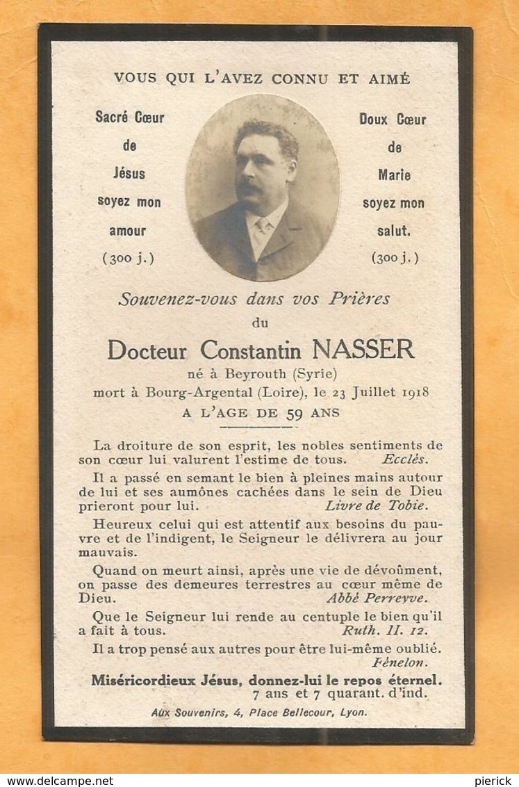 IMAGE GENEALOGIE FAIRE PART DECES CARTE MORTUAIRE BOURG ARGENTAL  DOCTEUR NASSER BEYROUTH SYRIE 1859 1918 - Décès