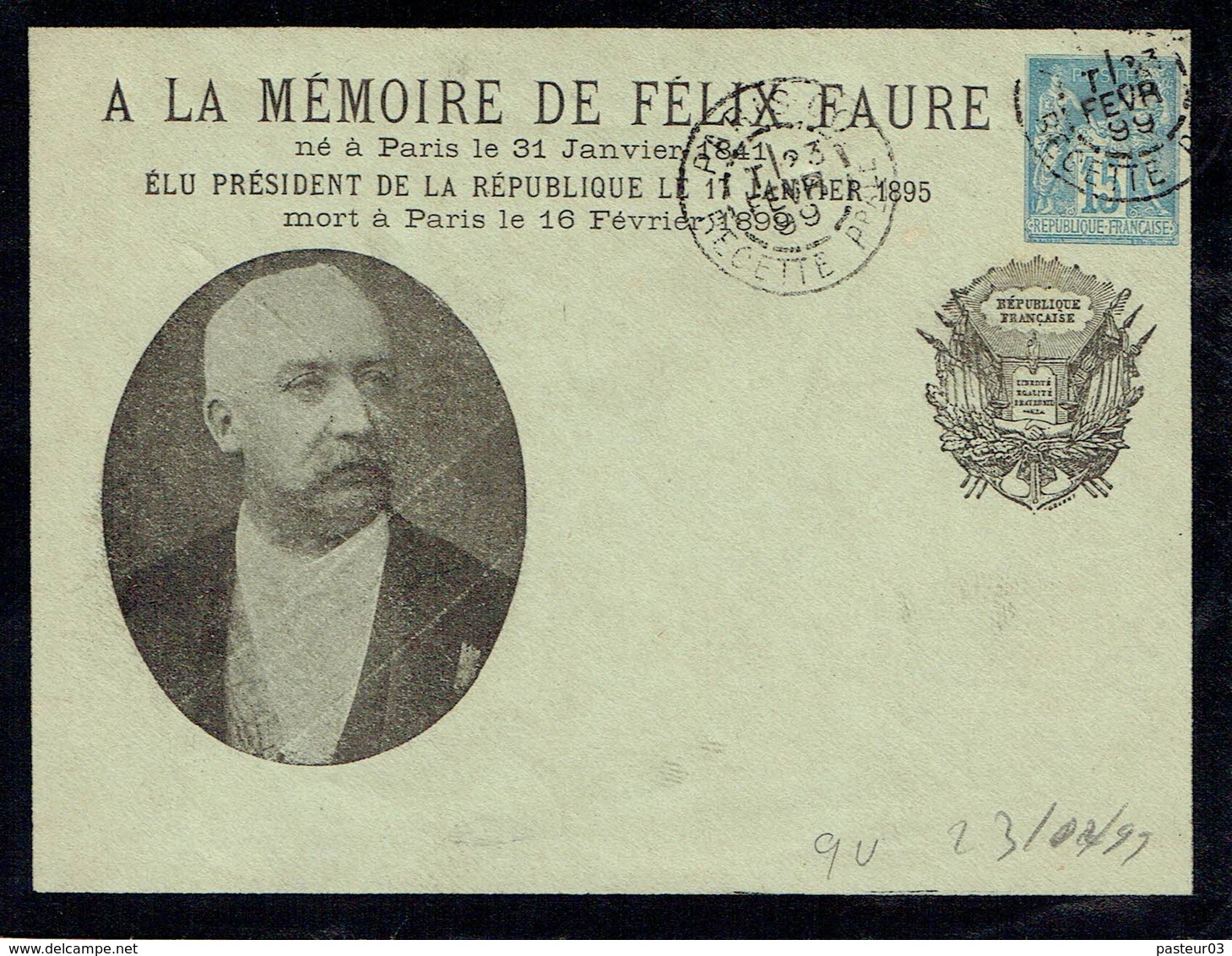 90 Type Sage 15 C. Sur Lettre De Deuil Décès Du Président Félix Faure Lettre Du 23-02-1899 - 1876-1898 Sage (Type II)