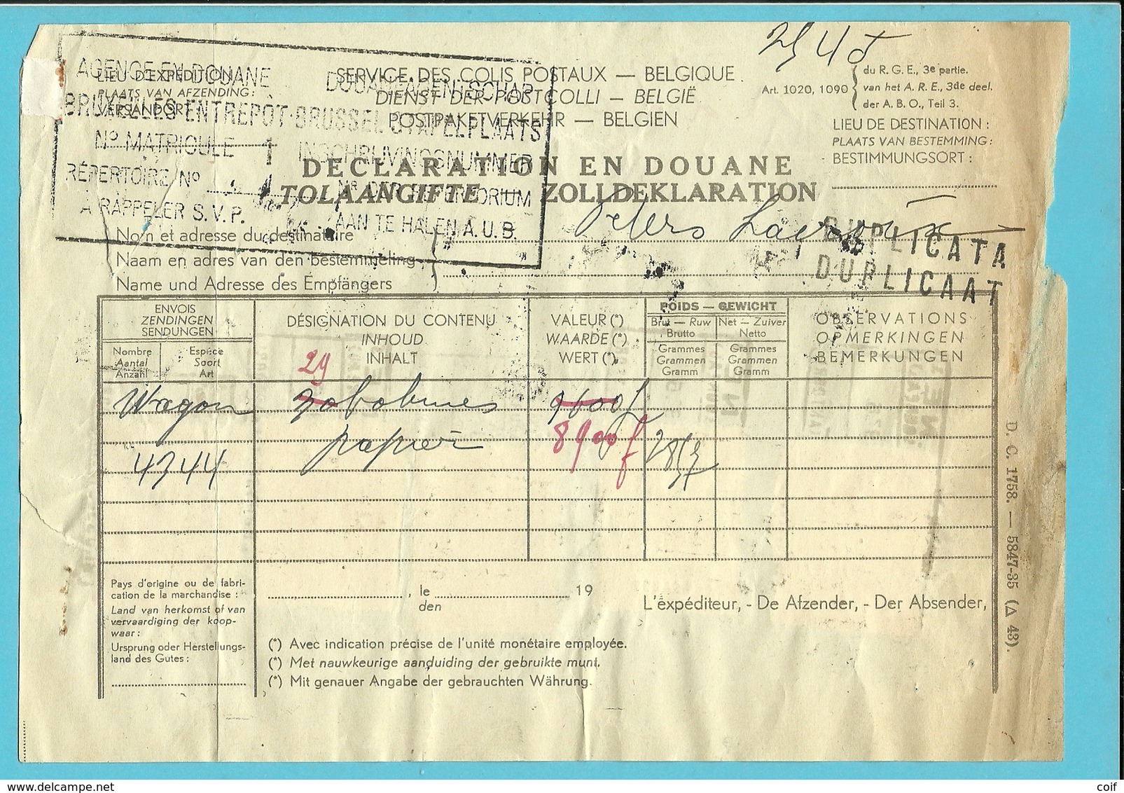 Fiscale Zegels 100 Fr+20 Fr.TP Fiscaux / Op Dokument DECLARATION EN DOUANE/ TOLAANGIFTE 1936 - Documents