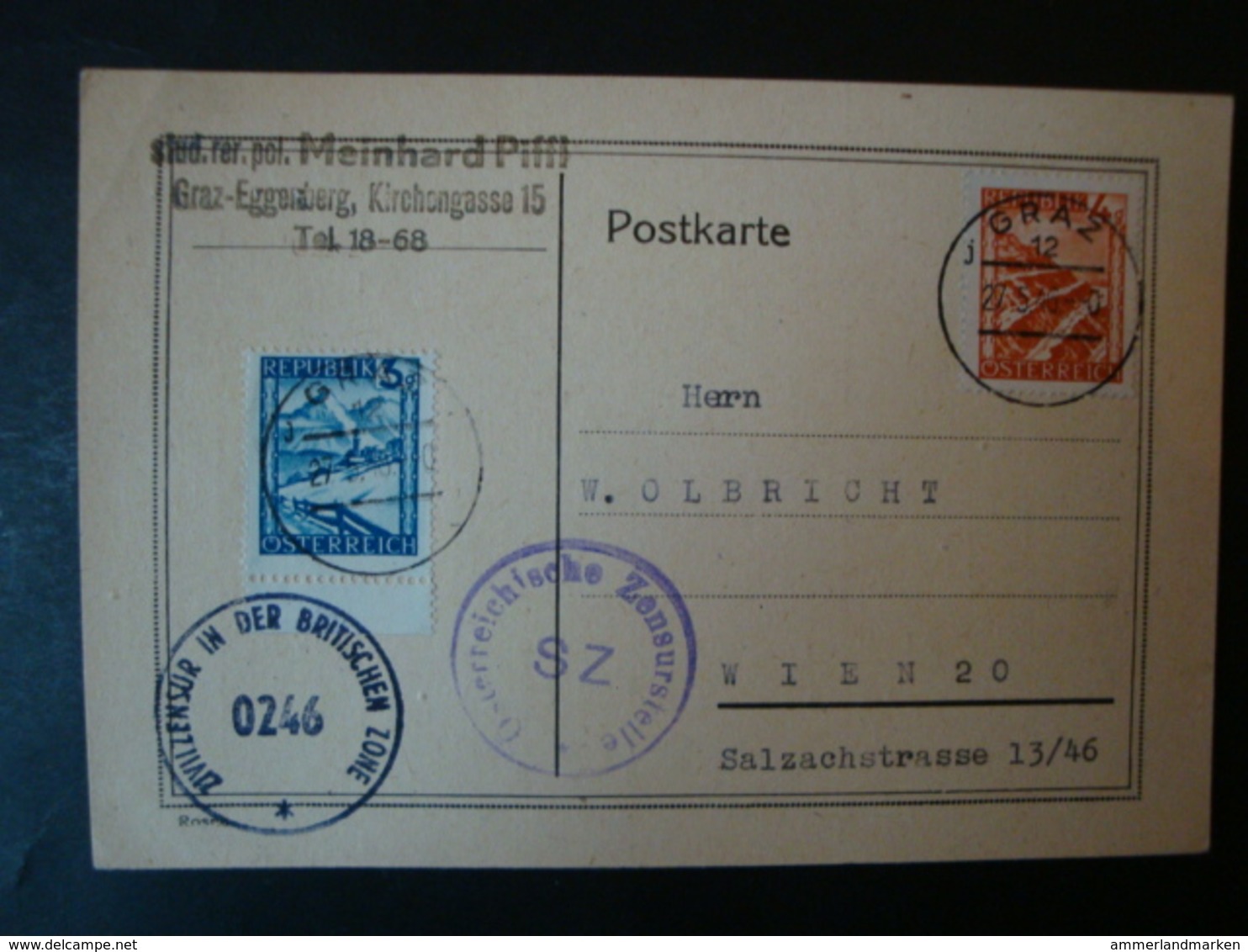 Österreich, Zensurpostkarte , Von Graz Nach Wien, 2 Zensurstempel: Österreichische Zensurstelle SZ + Zivilzensu Von 1946 - Briefe U. Dokumente