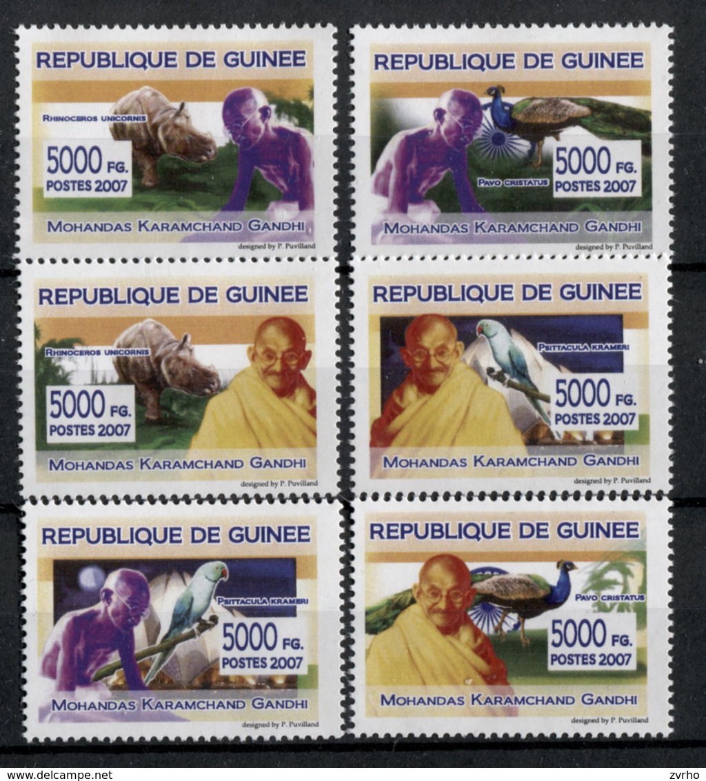 GUINEA 2007 MAHATMA GANDHI PARROTS RHINO ANIMALS ** SET ** MNH - Mahatma Gandhi