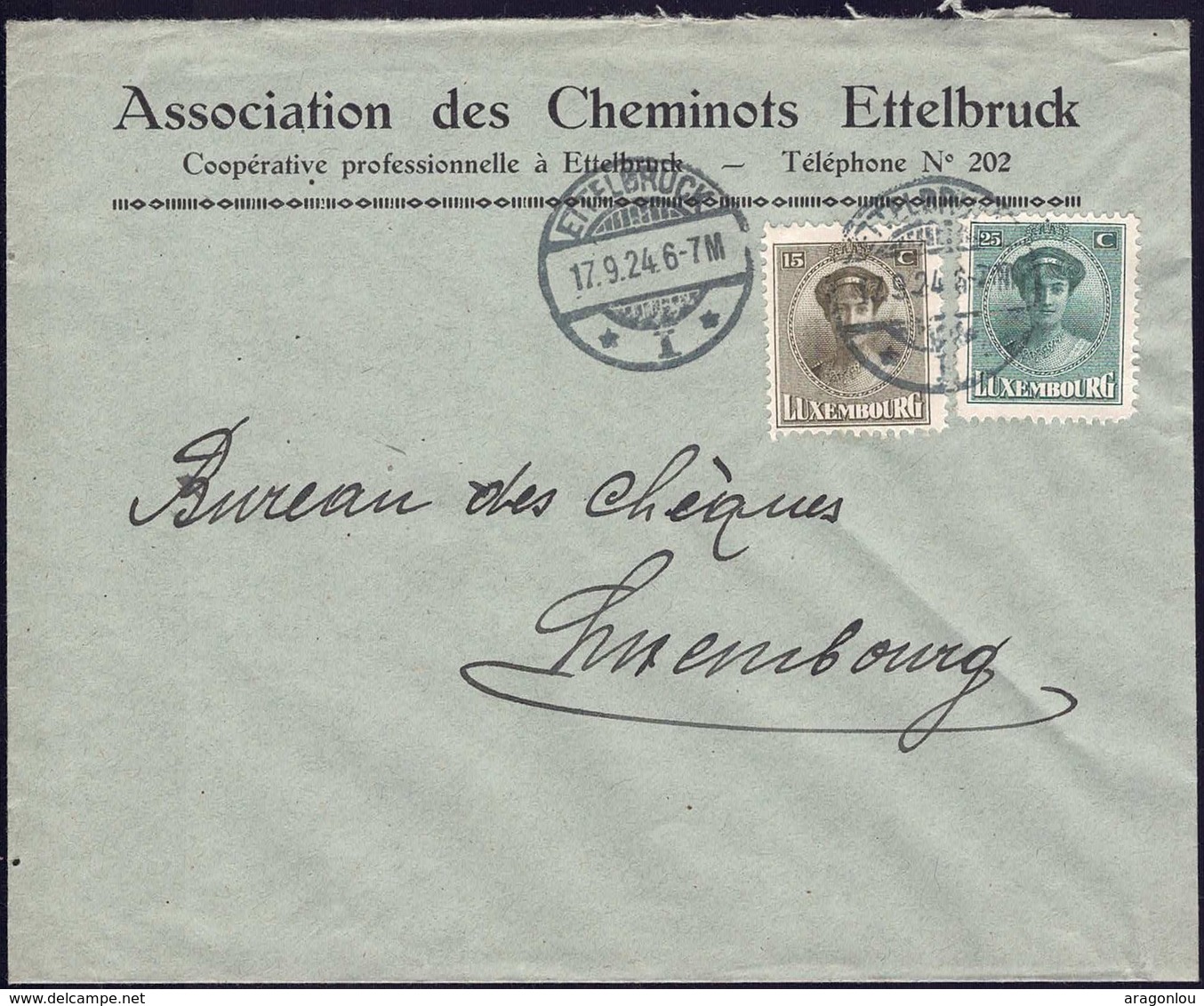 Lettre: Association Des Cheminots Ettelbruck, 17.9.1924, Michel: 126,128 - Briefe U. Dokumente