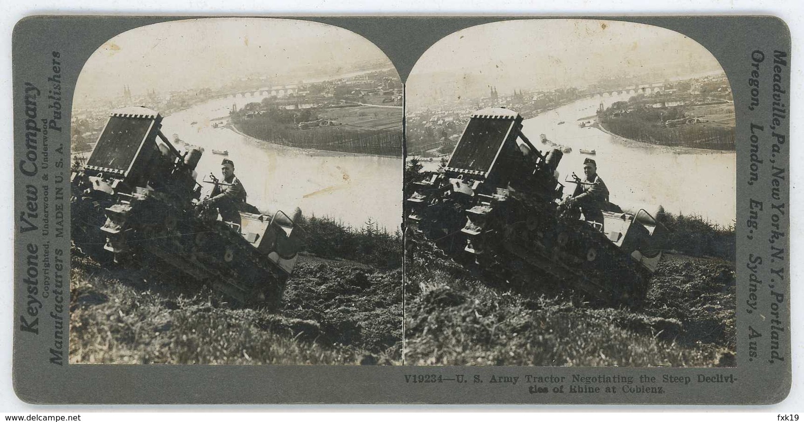 WWI ~ US Army Tractor Ascending Rhine Bank Near Coblenz ~ Stereoview 19234 21018 - Photos Stéréoscopiques