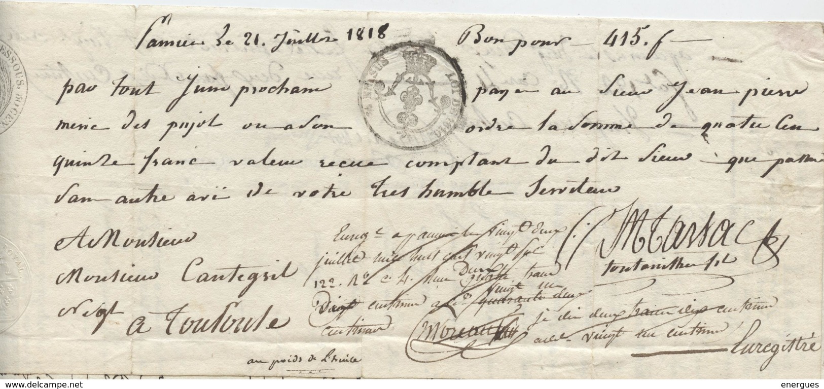 Lettre De Change, Pamiers, Les Pujols,Ariège,  Jean-Pierre Méric, Protêt, Cantegril, Toulouse,1818, Tarsac Fontanilhes - Cambiali