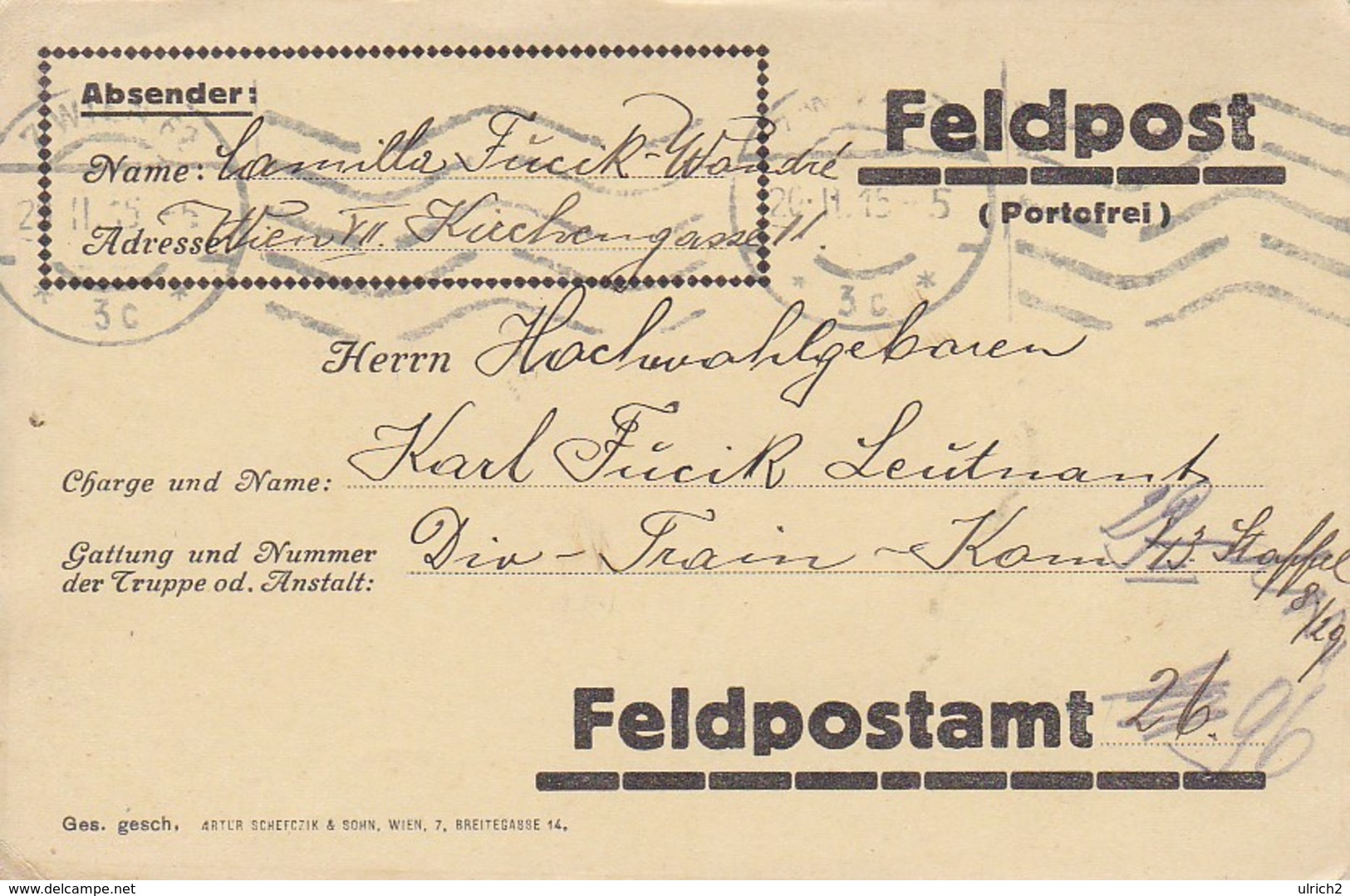 Feldpostkarte - Wien An Div-Train-Kom 13. Staffel - 1915 (39313) - Lettres & Documents