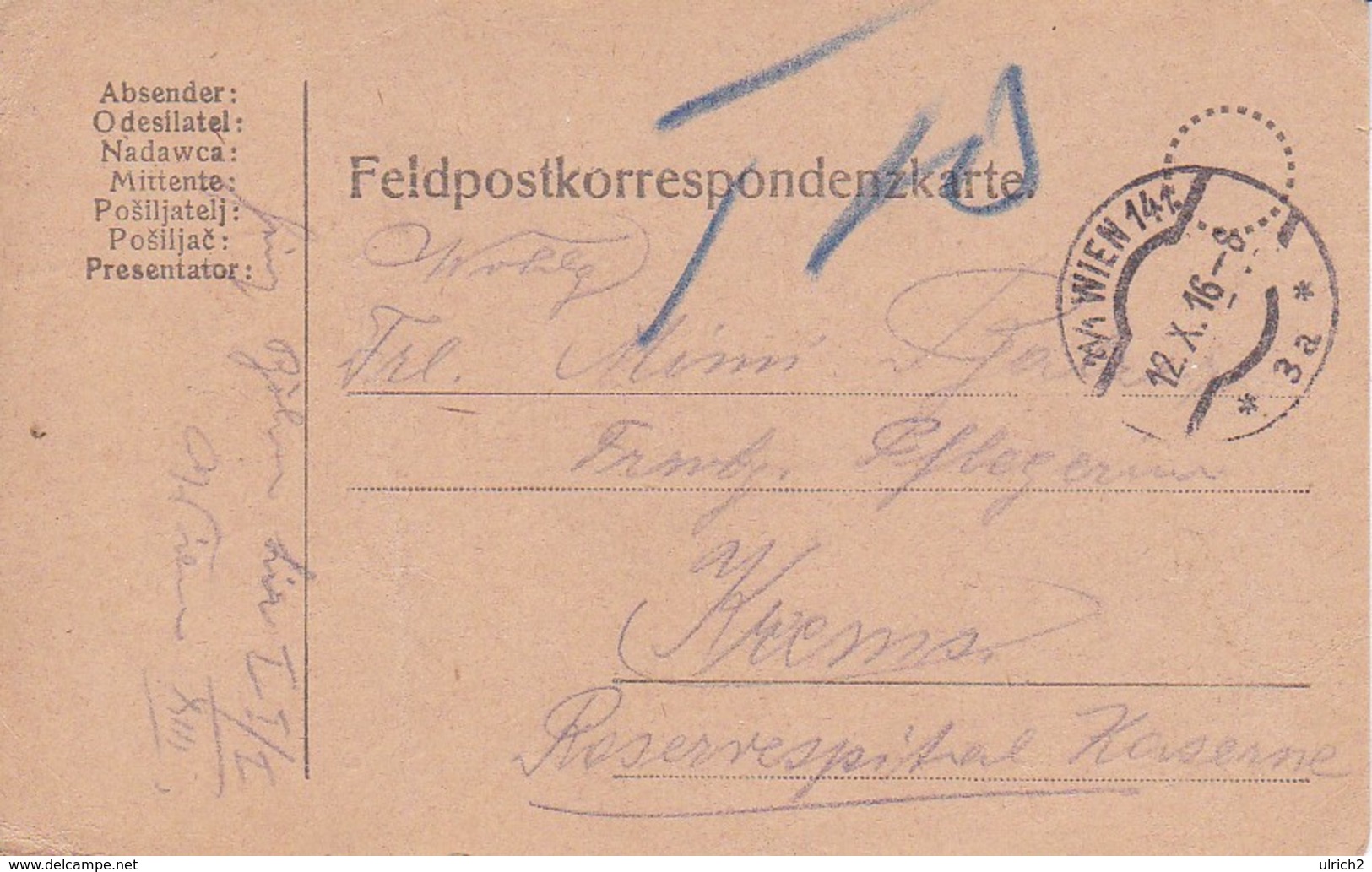 Feldpostkarte - Wien An Krems Reservespital - 1916 (39316) - Covers & Documents