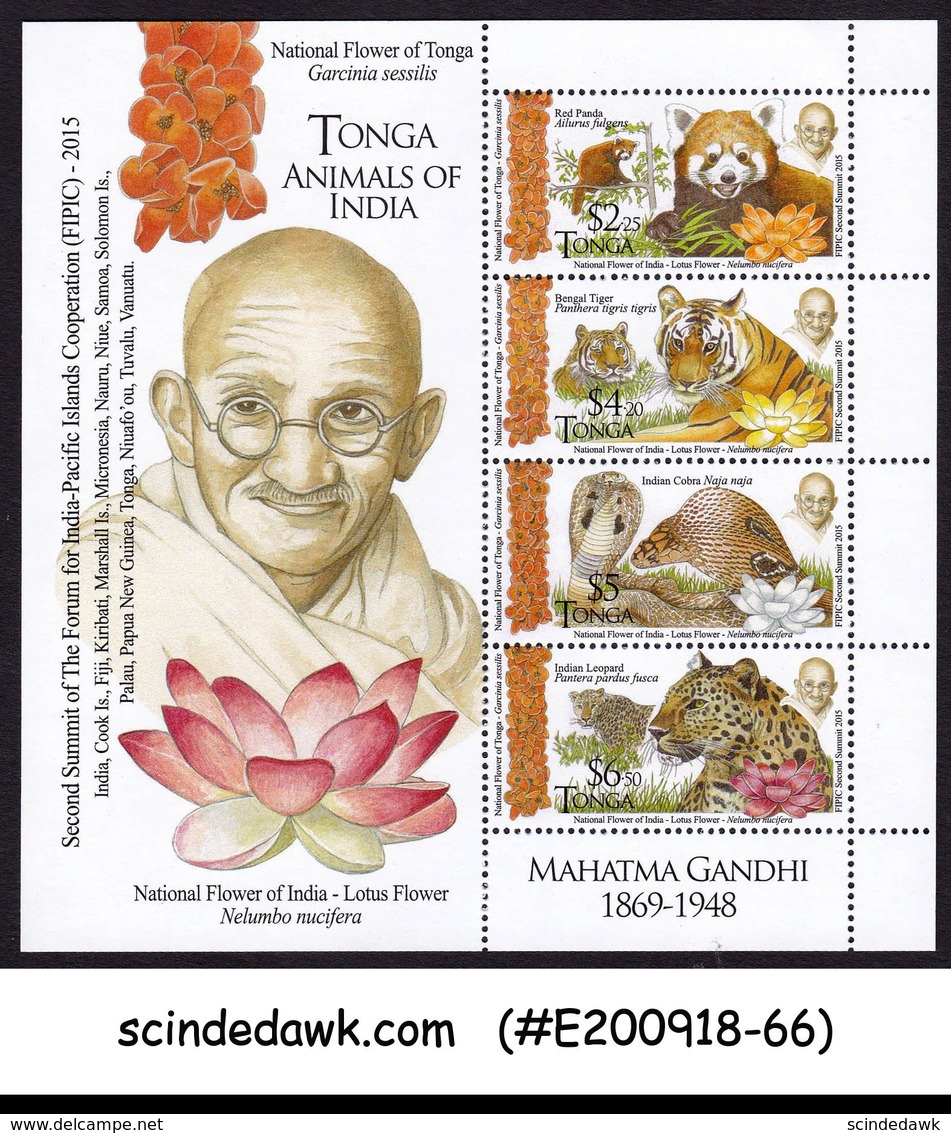 TONGA - 2015 MAHATMA GANDHI &  WILD ANIMALS OF INDIA TIGER  MIN/SHT MNH - Tonga (1970-...)