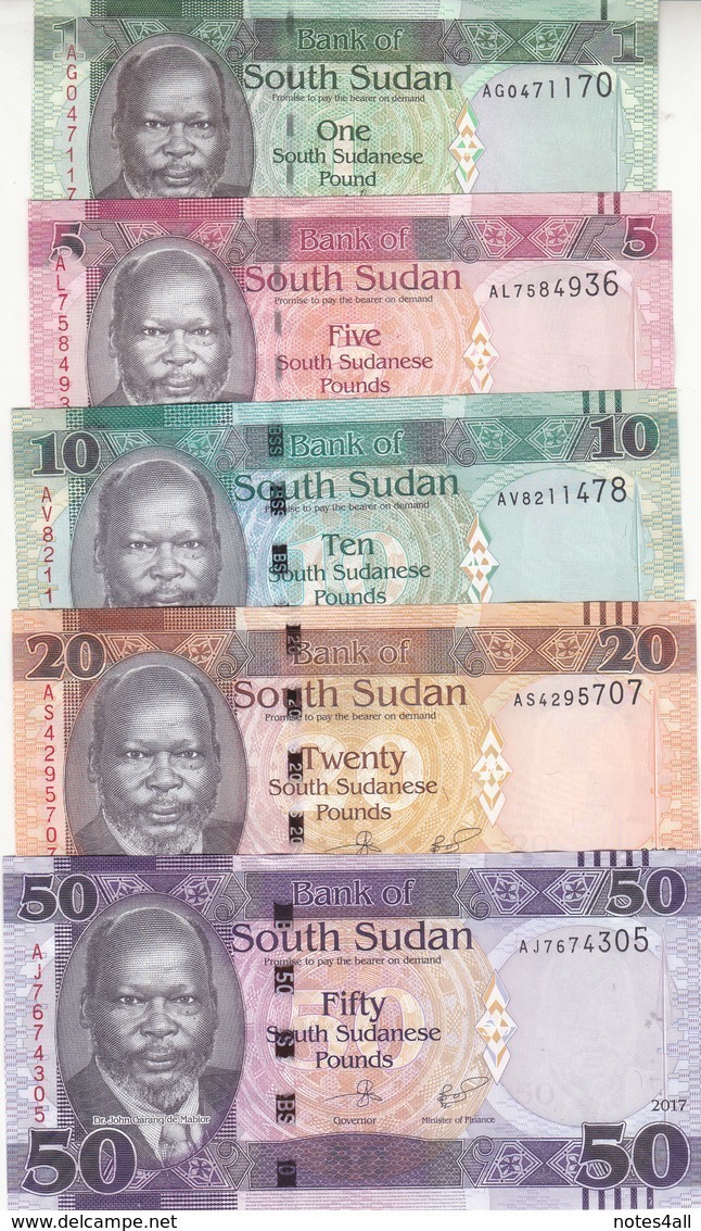 SOUTH SUDAN 1 5 10 20 50 POUND 2011 2015 2016 2017 P-NEW UNC CURRENT SET Lot - Zuid-Soedan