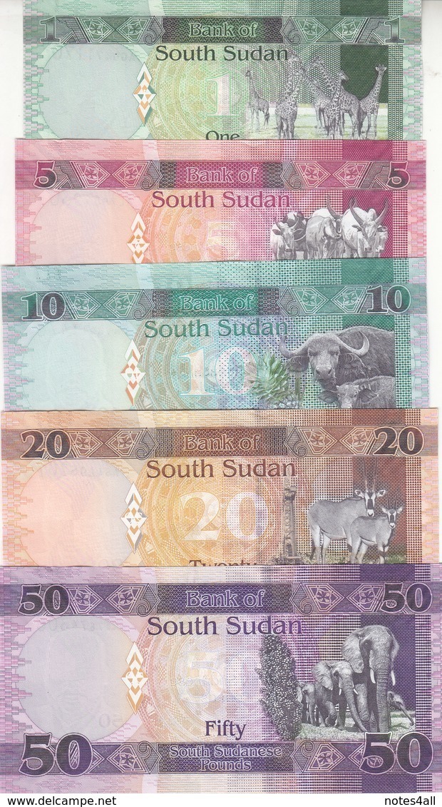 SOUTH SUDAN 1 5 10 20 50 POUND 2011 2015 2016 2017 P-NEW UNC CURRENT SET Lot - Zuid-Soedan