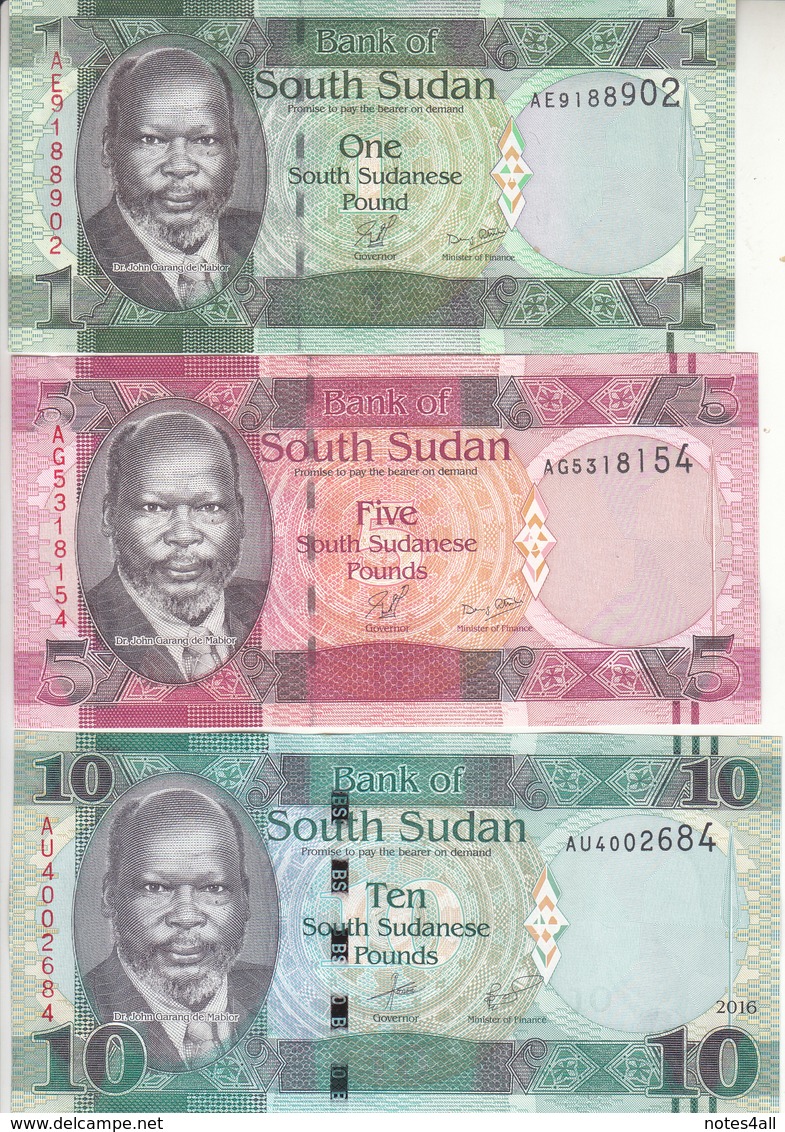 SOUTH SUDAN 1 5 10 20 50 POUND 2011 2015 2016 2017 P-NEW UNC CURRENT SET Lot - Zuid-Soedan