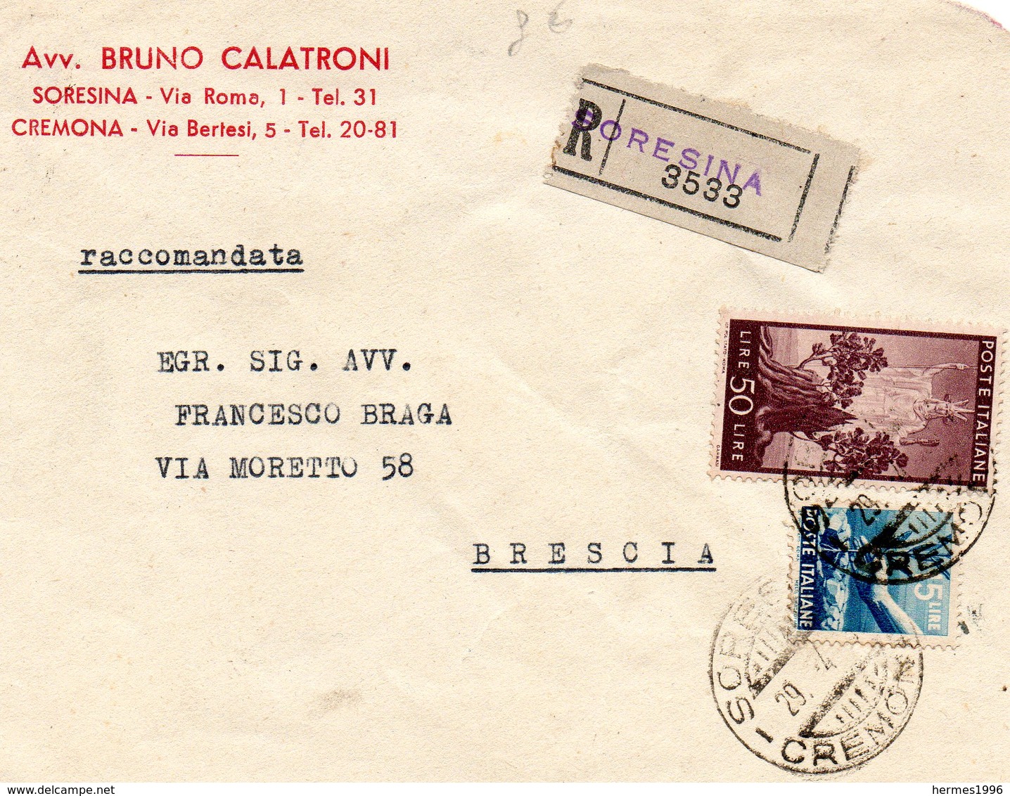 LETTERA   ANNULLO     SORESINA   CREMONA - 1946-60: Marcofilie