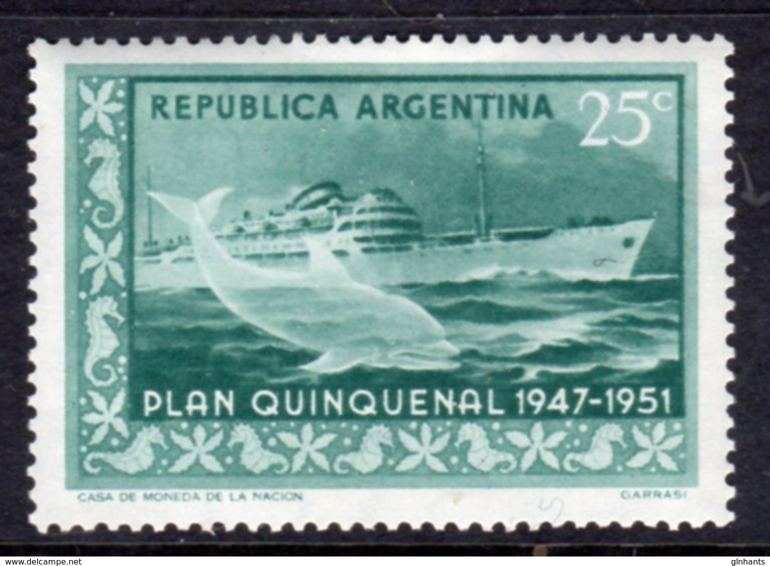 ARGENTINA - 1951 FIVE YEAR PLAN 25c SHIP FISH STAMP FINE MINT LMM * SG829 - Unused Stamps