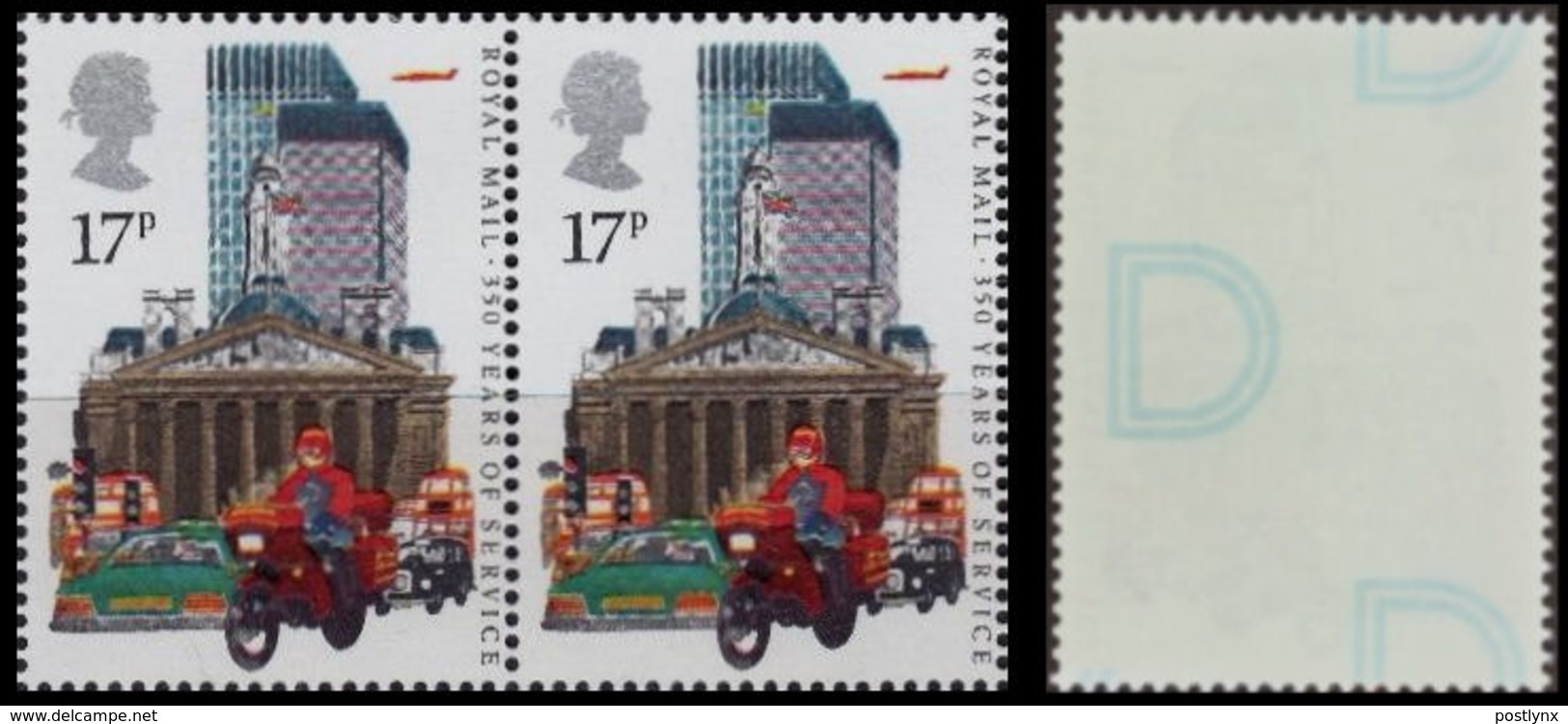 GREAT BRITAIN 1985 Post Office Royal Mail Motorbike Skyscraper 17p PAIR ERROR:print On Reverse Gum Letter - Errors, Freaks & Oddities (EFOs