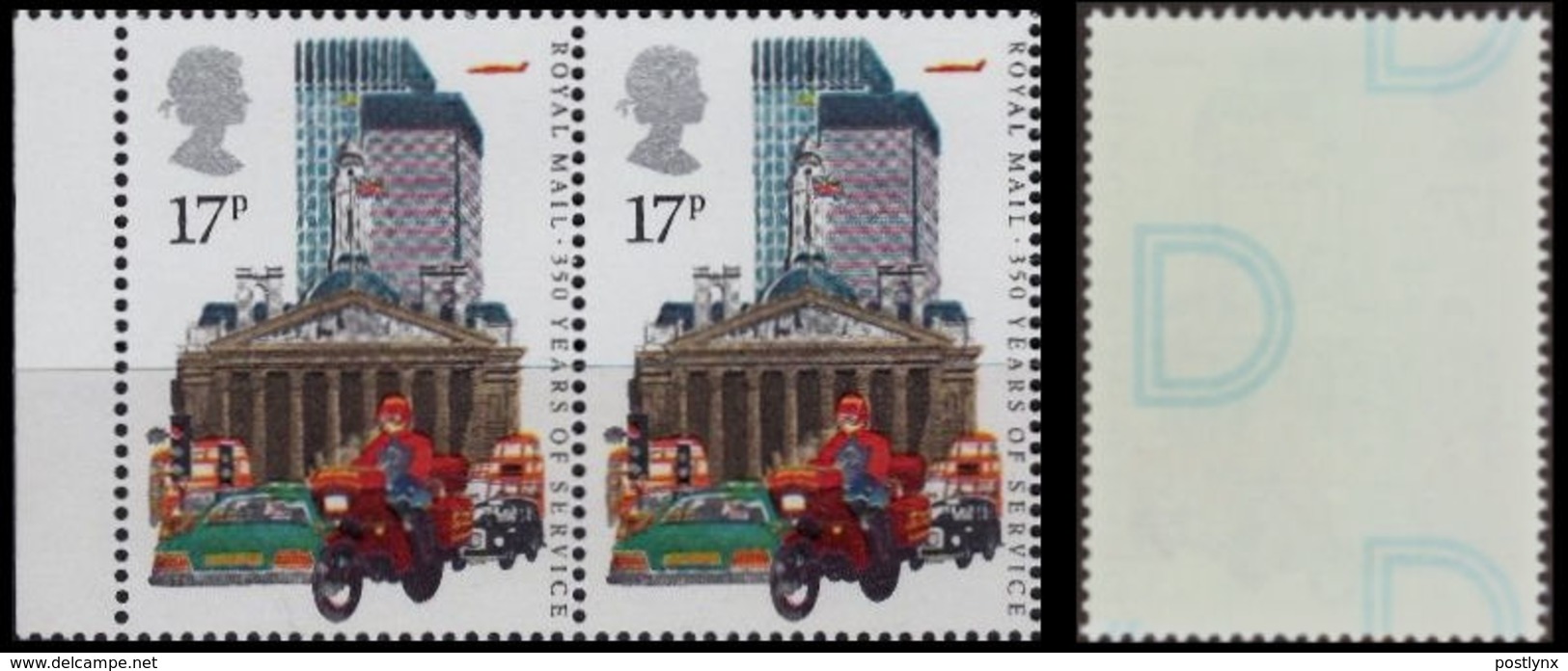 GREAT BRITAIN 1985 Post Office Royal Mail Motorbike Skyscraper 17p MARG.PAIR ERROR:print On Reverse Gum Letter - Variétés, Erreurs & Curiosités