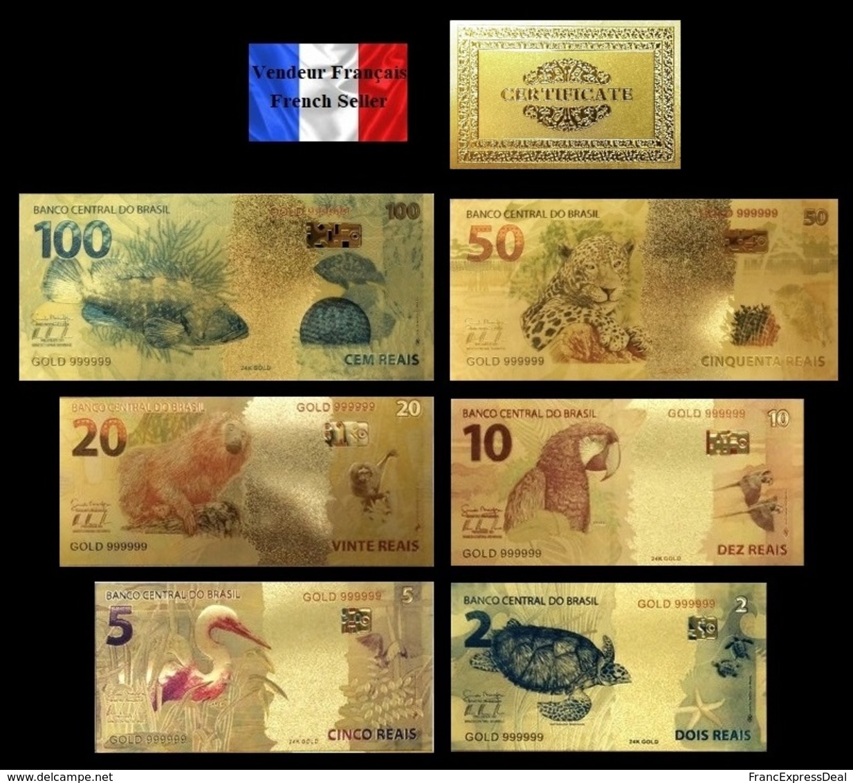 Set De 6 Billets Plaqués OR Couleur  + Certificat ! (Color GOLD Plated Banknotes) - Brésil Brazil - Brésil