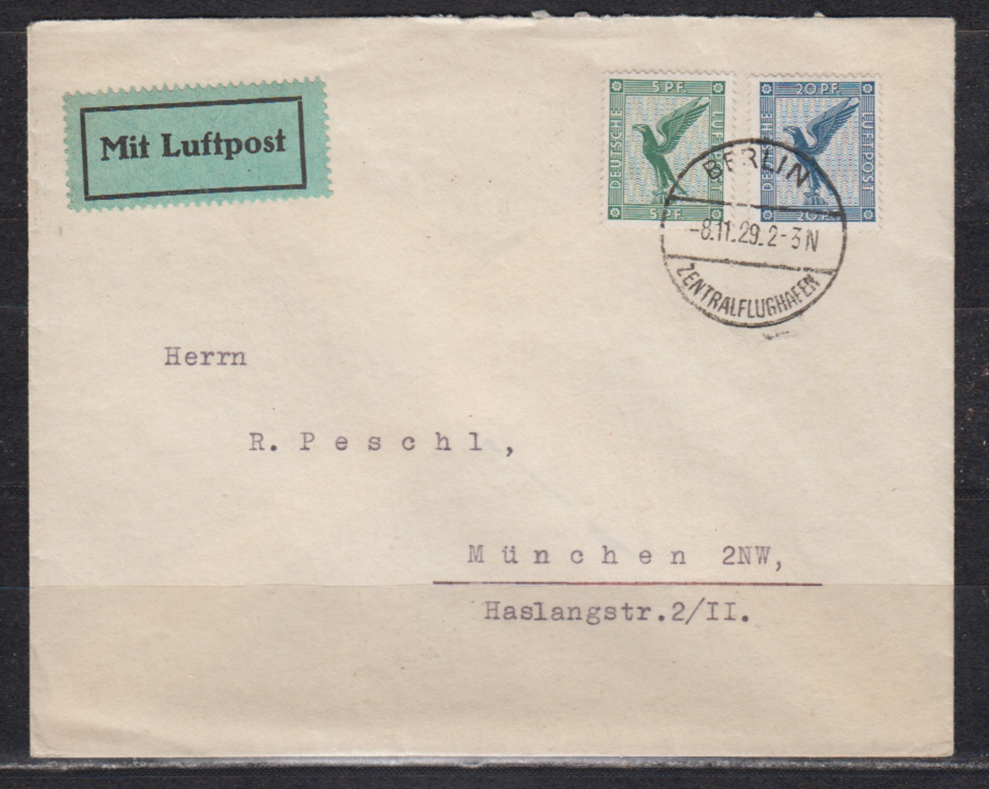 Dt.Reich Luftpostbrief MiF 378,380 O Berlin-Zentralflughafen/8.11.29 Nach München, Rs Transit-o Berlin C L 2 - Briefe U. Dokumente